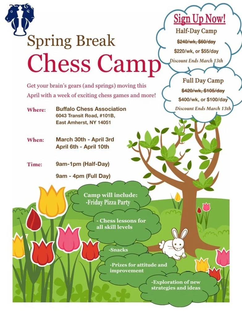 Spring Break Chess Camp is almost here! Keep your child&rsquo;s brain active and having fun (and off those screens) during the break. Spots are limited&mdash; sign up today! &mdash;> https://www.buffalochessassociation.com/events/spring-break-ches
