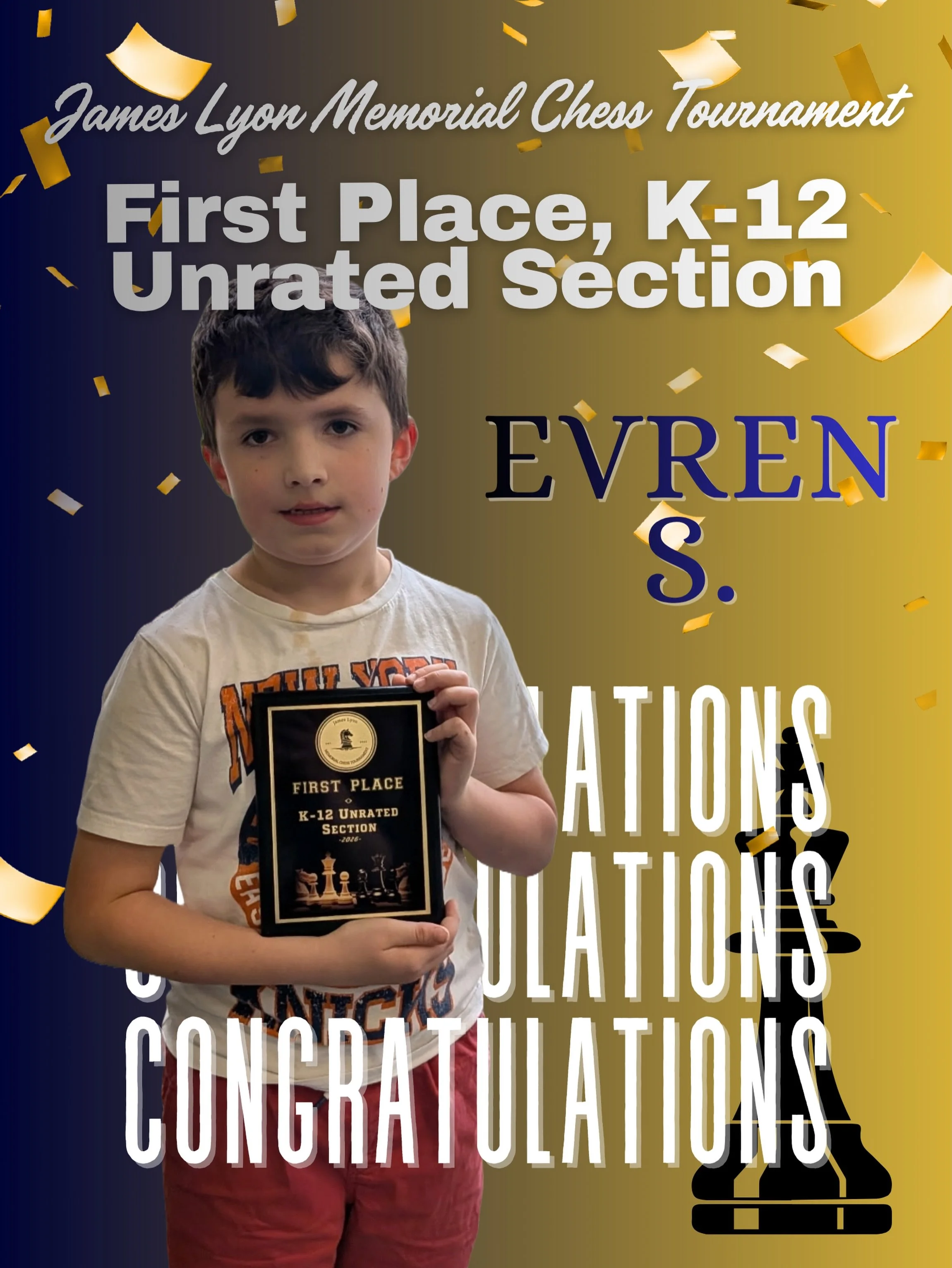 Congratulations to BCA student Evren S. on his First Place win at the James Lyon Memorial Chess Tournament this past weekend! Evren&rsquo;s dedication to improving himself through chess was evident, as he played confidently and won with grace and gra