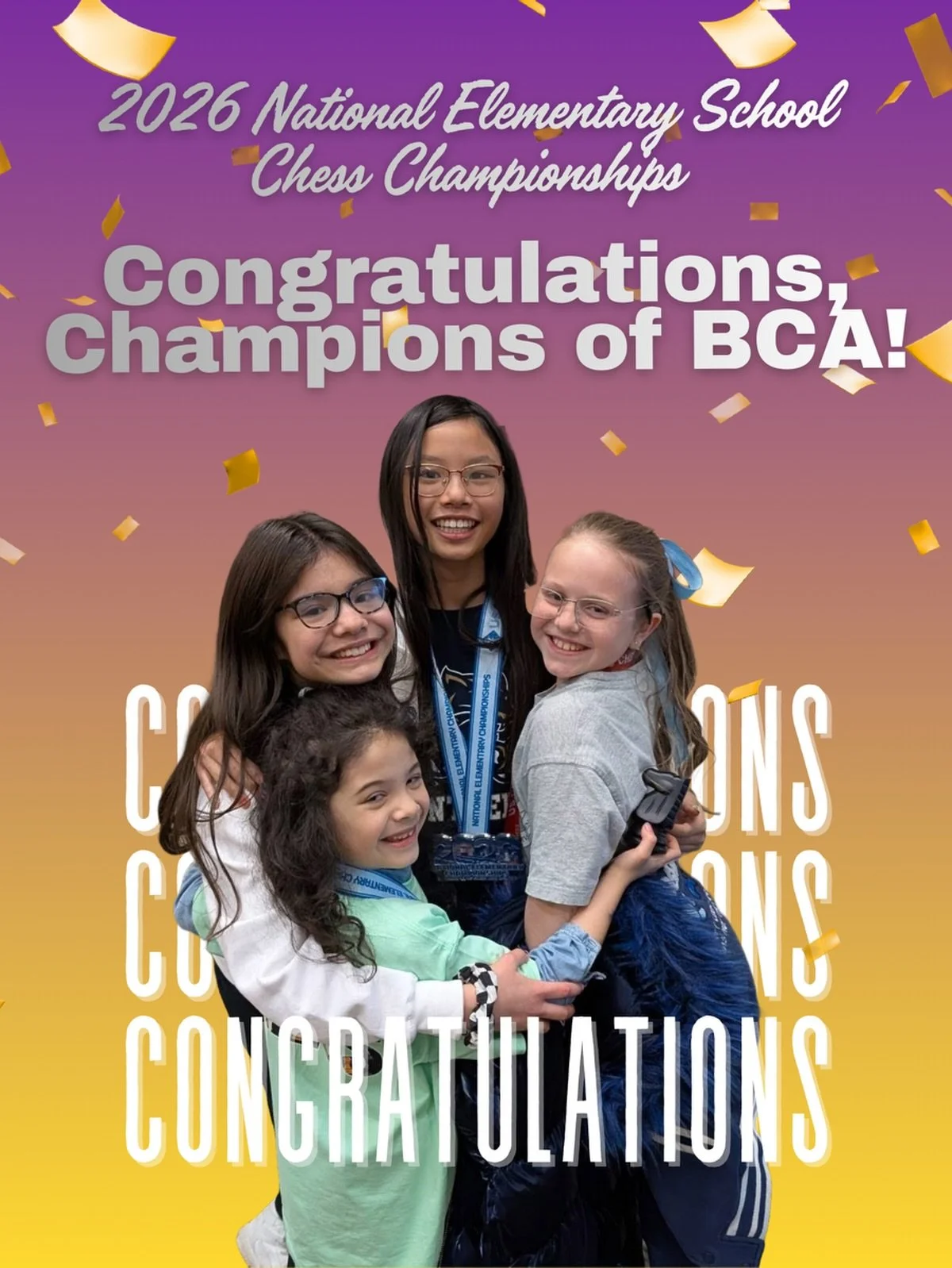 Girl power! ♟️💪✨
Over the weekend, BCA students Hanna A. (front), Eva A. (left), Chelsie K. (center), and Nadia P. (right) competed in the 2026 National Elementary School Championships. These ladies played fantastic games, cheered each other on, and