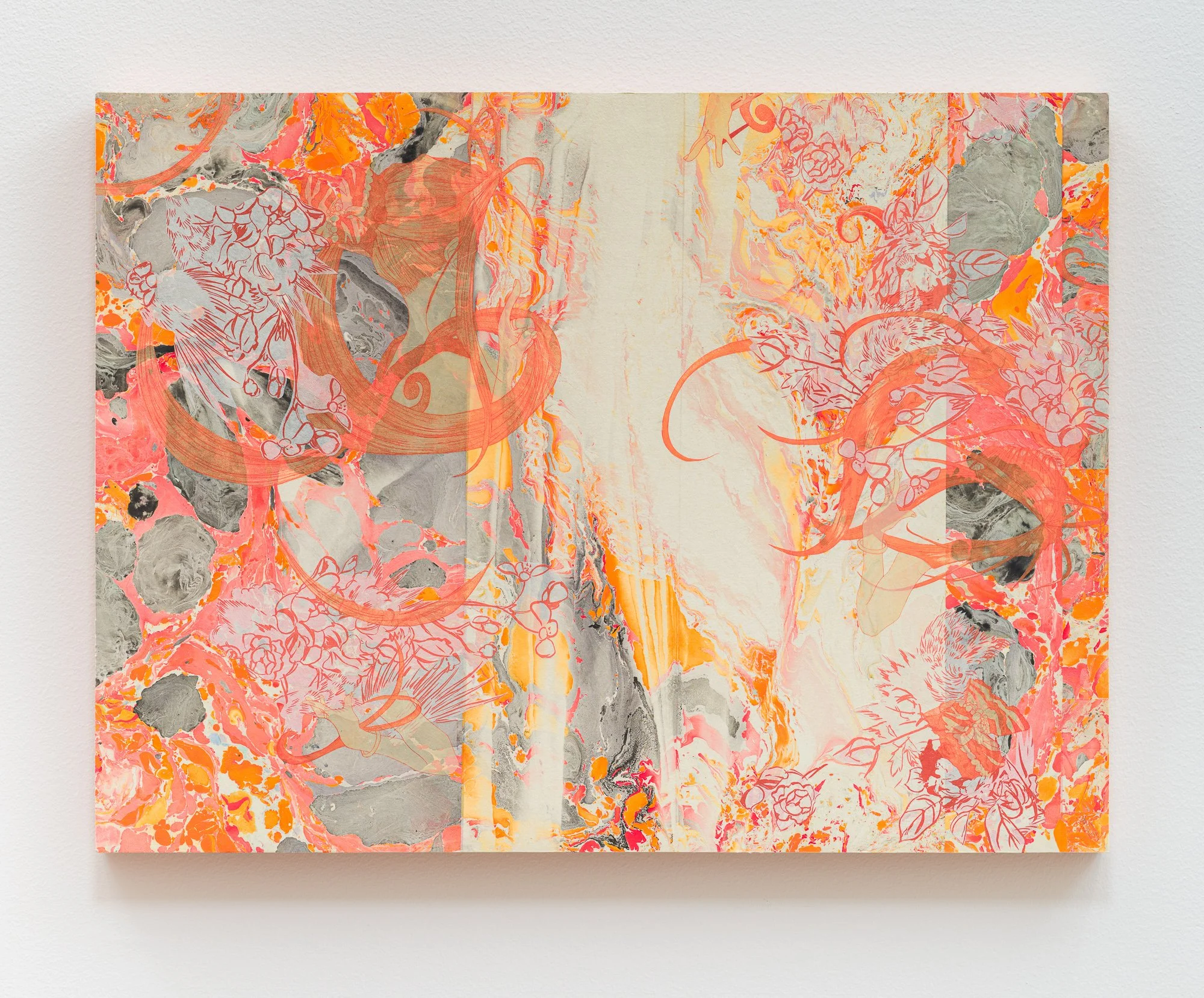 Ember, 2025, mixed media on panel, 18" x 24"