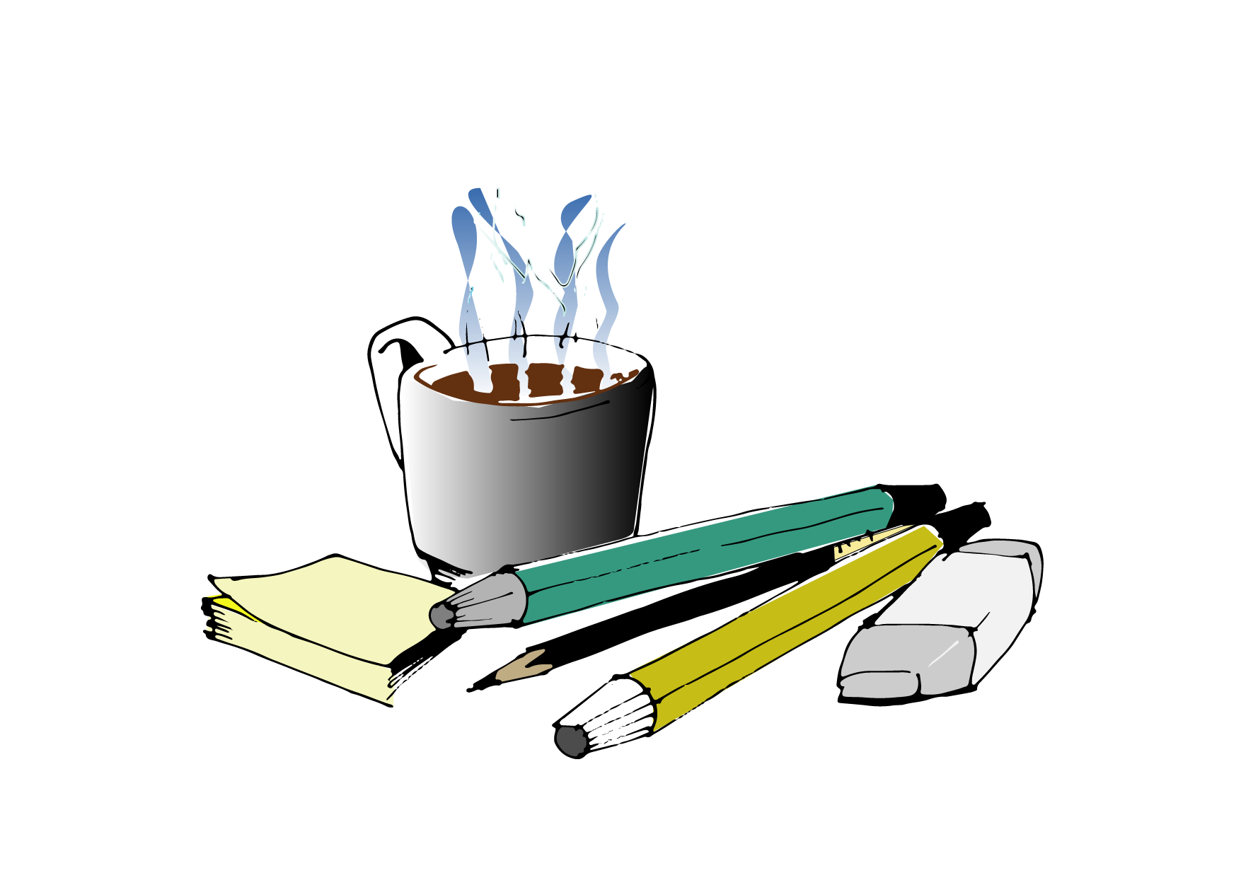 Pens, Post-it pad and coffee