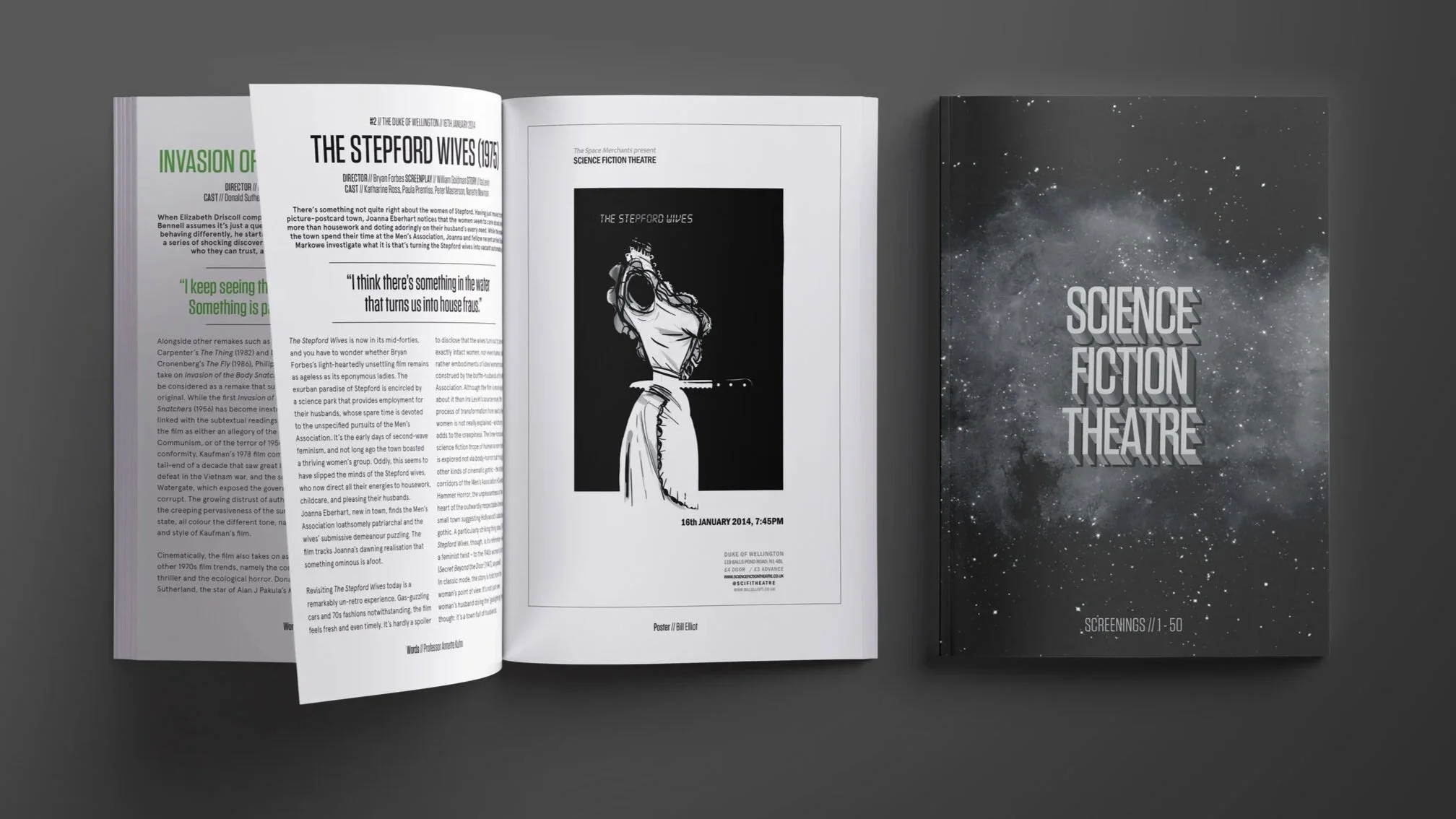 Open magazine showing pages with text and black and white images, alongside a black brochure titled "Science Fiction Theatre" with a space-themed background.