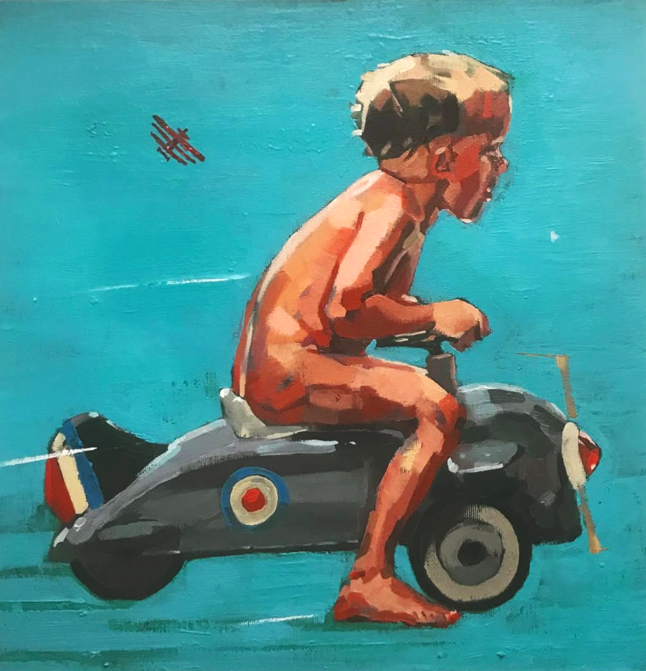 A painting of a young child with short blond hair riding a gray scooter against a bright blue background.