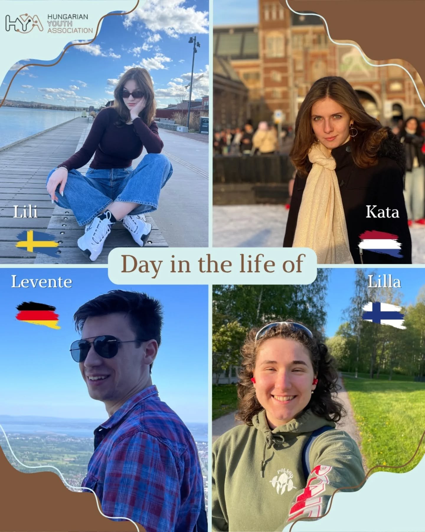 Egy nap - N&eacute;gy orsz&aacute;g🌍
Hogy telik egy nap egy k&uuml;lf&ouml;ld&ouml;n tanul&oacute; HYA-s di&aacute;k &eacute;let&eacute;ben?📚 
Nyerj bepillant&aacute;st Lili j&ouml;nk&ouml;pingi, Kata amszterdami, Levi heidelbergi &eacute;s Lilla l