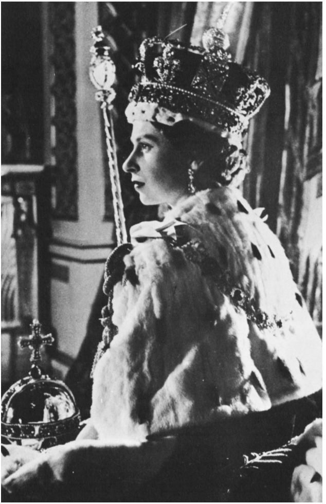 Elizabeth II with crown, orb and sceptre