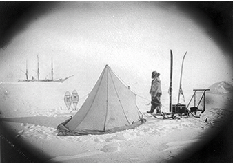 Cook's invention of a wind-proof tent with icebound Belgica behind
