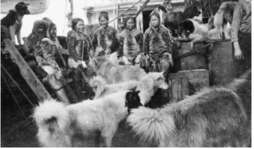 Inughuit women and children and sled dogs on SS Roosevelt, photo by Henson