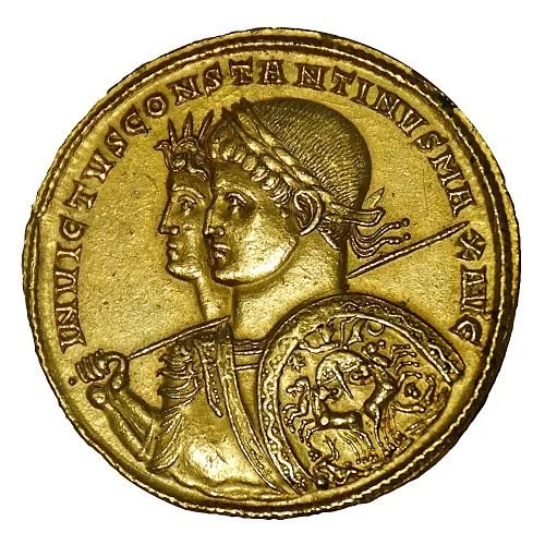 Coin with Emperor Constantine and his companion, Invictus, the unconquered Sun