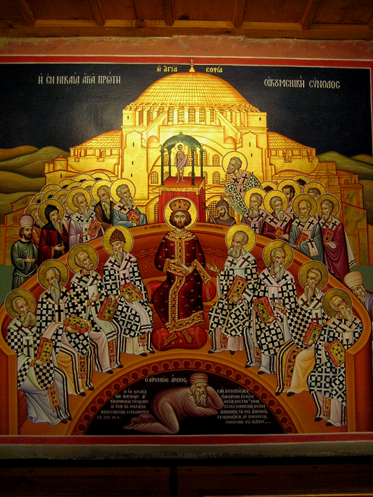 Council of Nicea with Constantine and bishops above Arius the priest whose writings have been suppressed