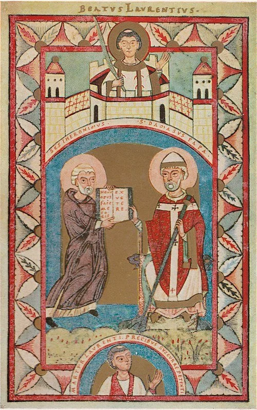 Jerome presents Pope Damasus with the Latin bible, the Vulgate