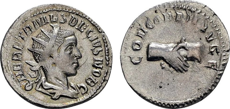 Roman coin showing Emperor Decius who persecuted Christians AD250-1