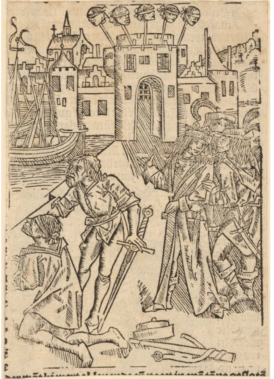 London Bridge, shown with enlarged blindfolded heads impaled on spikes at top. Woodcut, 1500–1560.