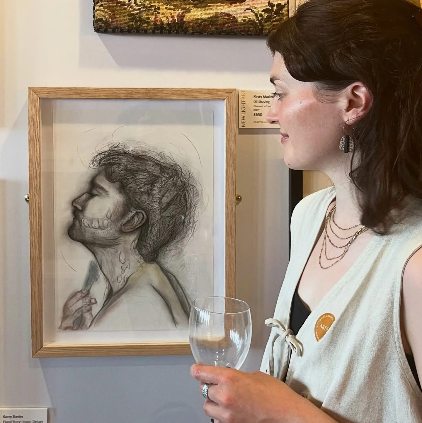 Lovely evening, lovely folk @newlightart Summer Exhibition of the North, in the beautiful @sunnybankmills 〰️〰️

Dazed and nourished by the array of talent on display. 🌩️

Visit until Sunday 10th August to see my sweet one, &lsquo;Oli Shaving&rsquo; 