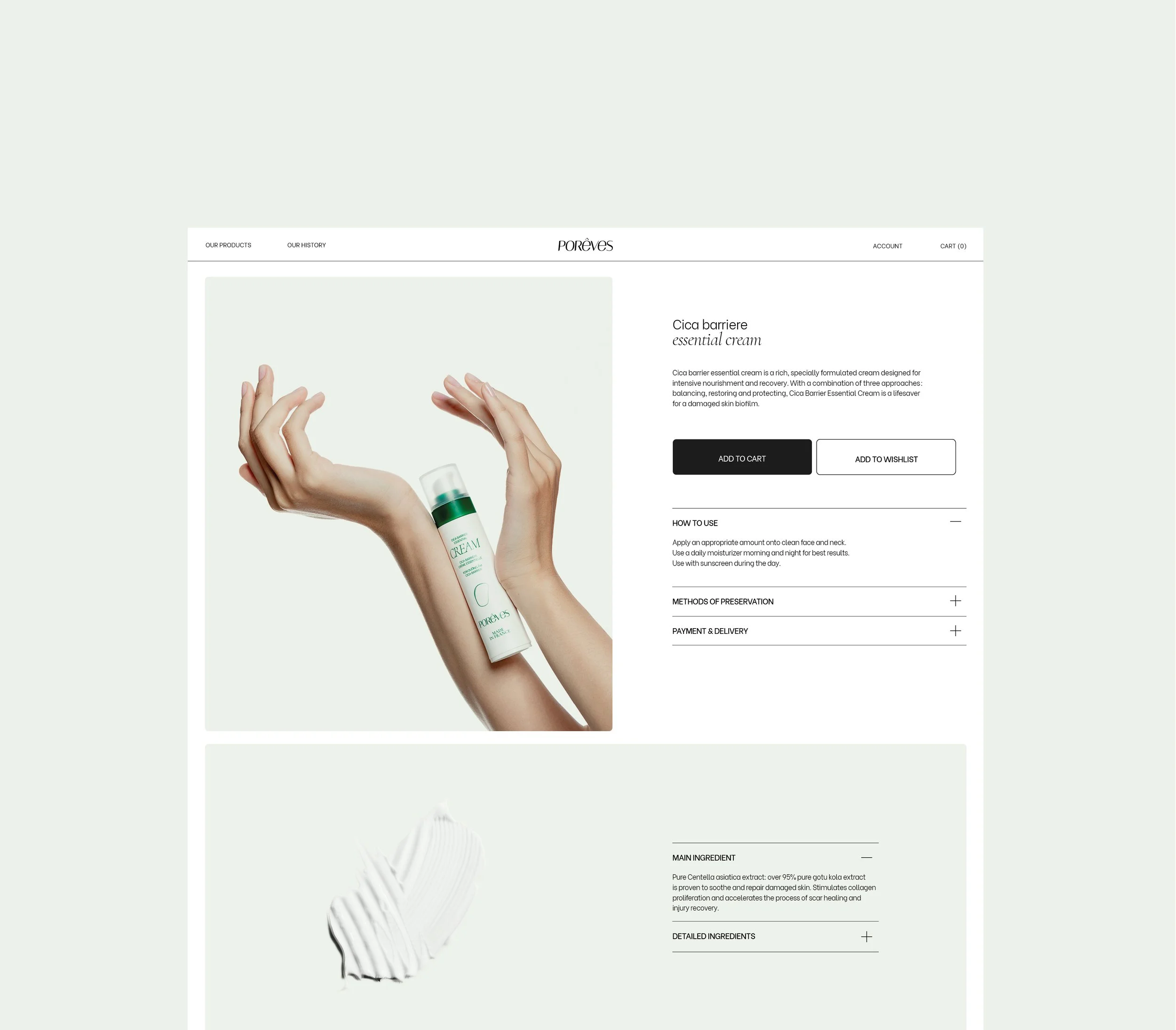Page produit minimaliste d'un eshop pour une marque de cosmétique vietnamienne made in France