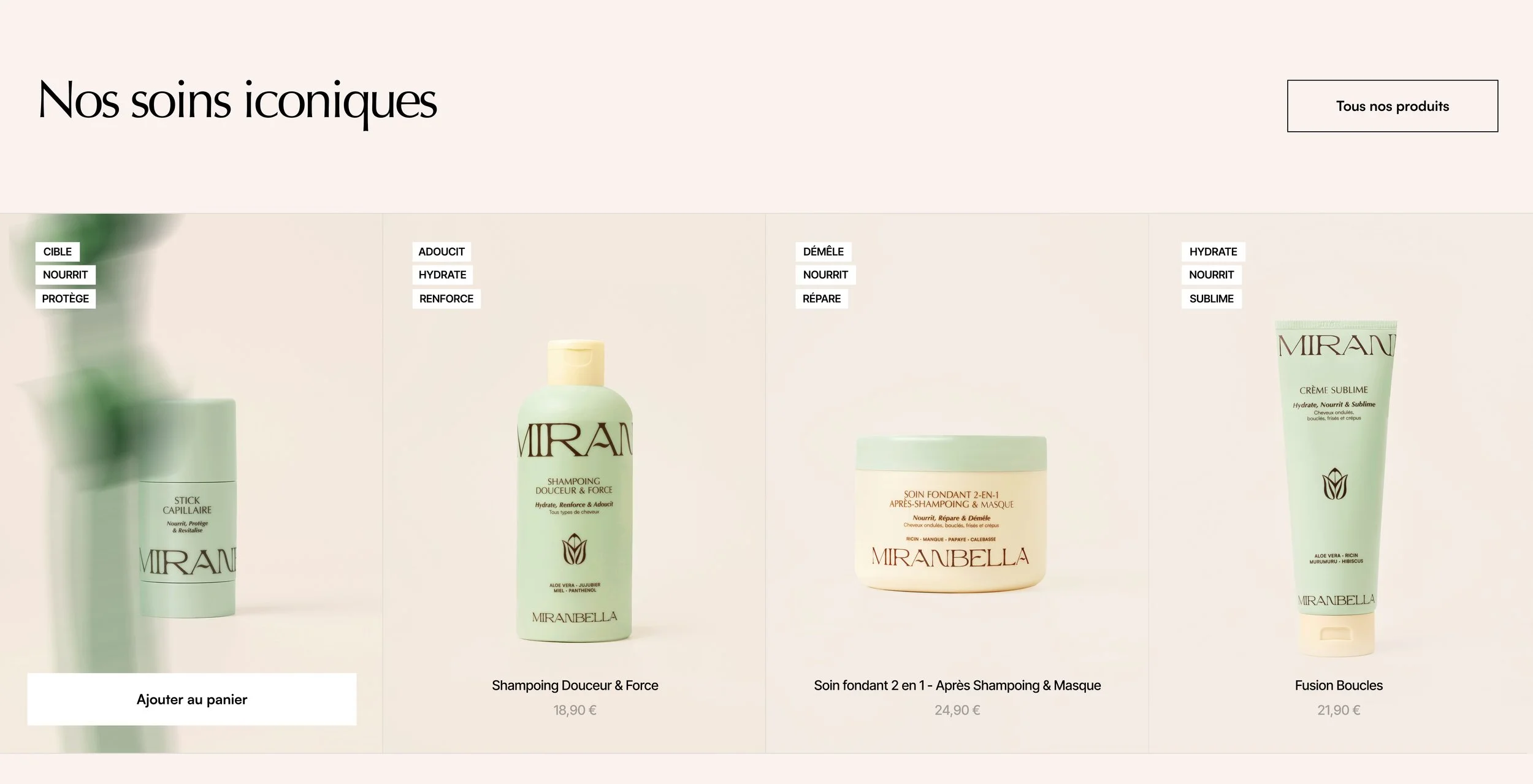 Beauty product website showcasing three Mirabella hair care products with descriptions and prices in euros. The products include a scalp treatment, a shampoo, and a leave-in conditioner.