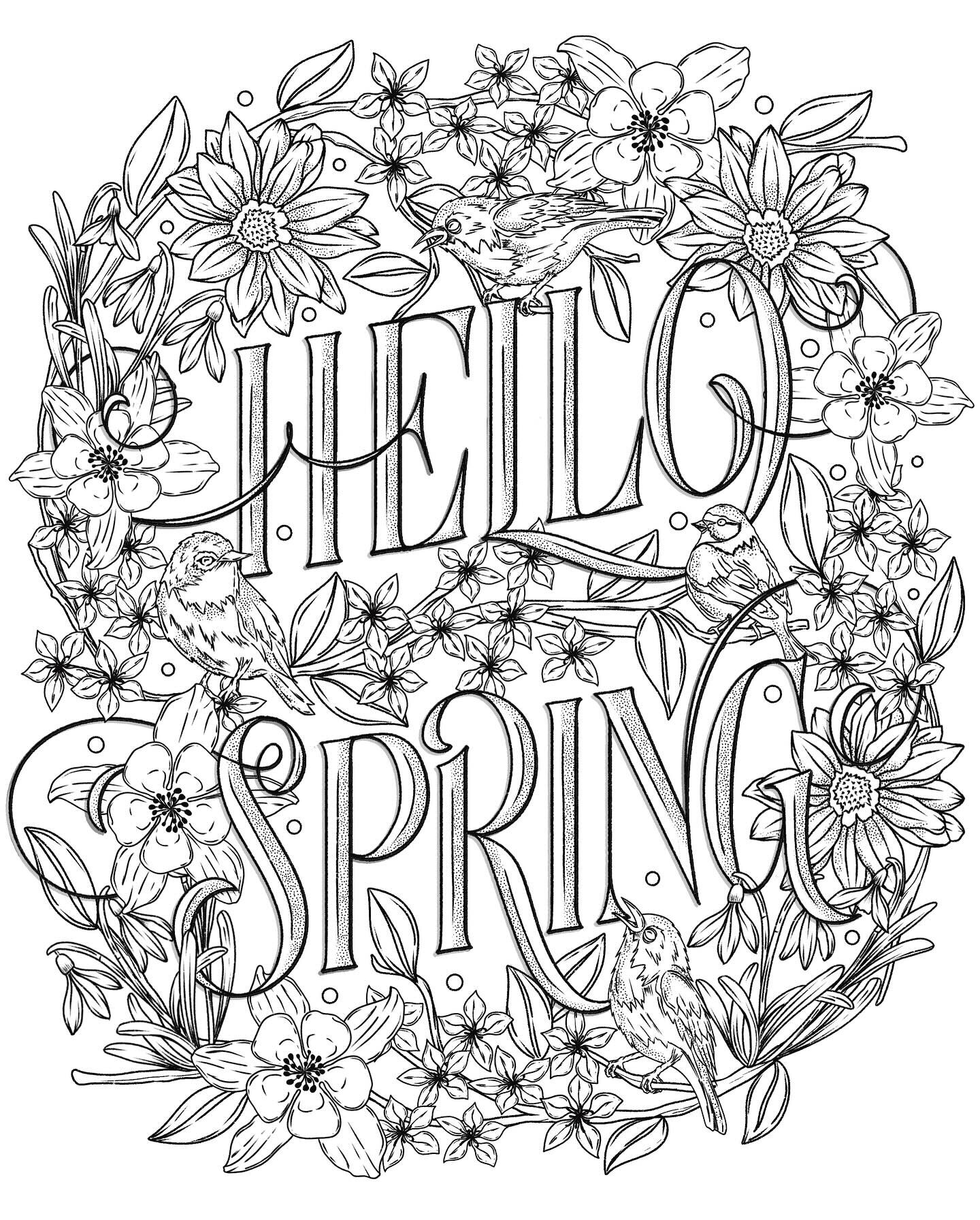 Hello Spring marks the start of the Bloom &amp; Grow Drawing Challenge. 

I am doing colouring pages for this challenge. The idea was to practise botanical line art, but I couldn&rsquo;t help but include a few birds, as bird chirping is the sign of s