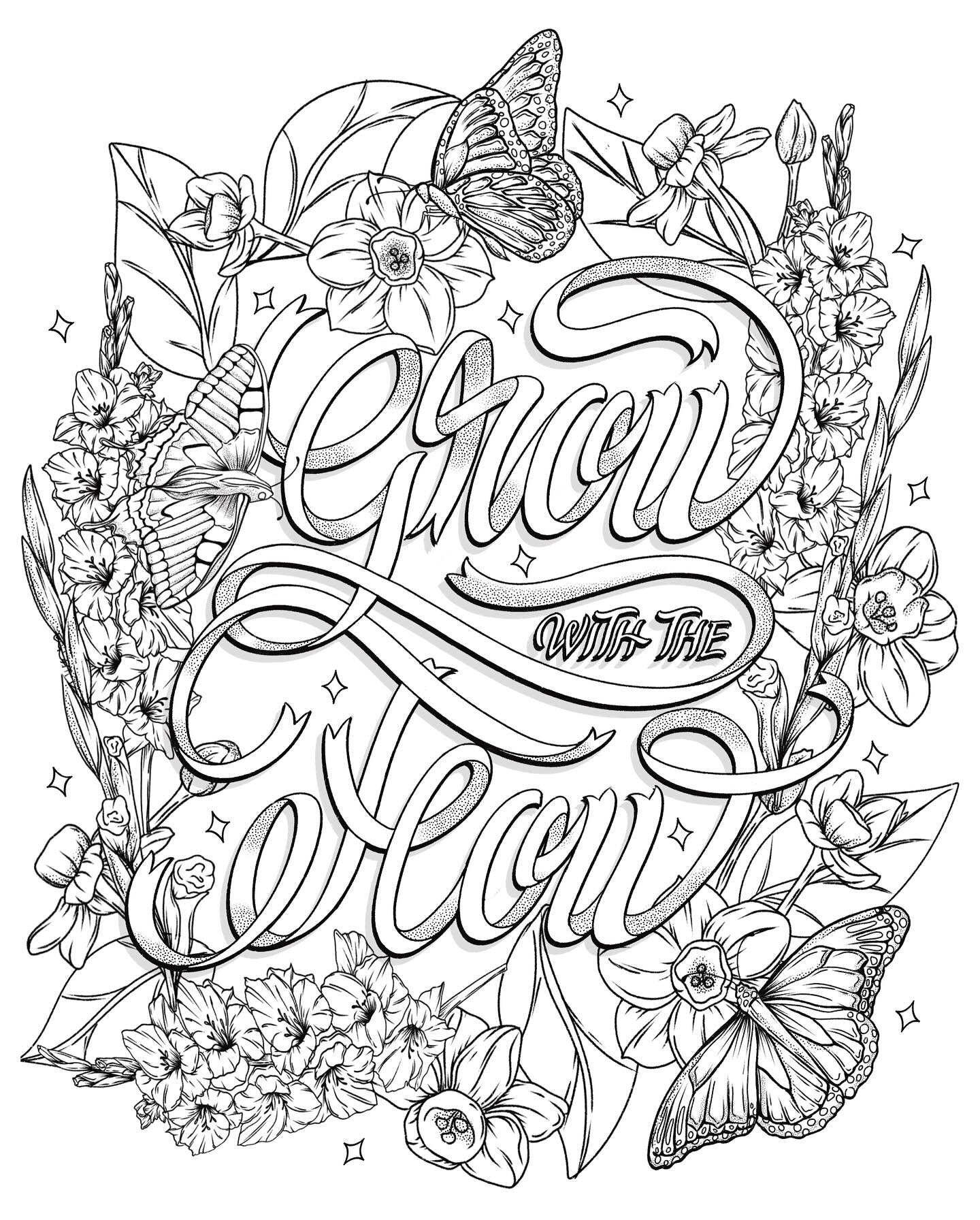 🎗 🦋 🌼  Ribbon style lettering for the second Bloom &amp; Grow drawing challenge prompt, Grow with the Flow. I really enjoyed making this one, and since butterflies are the symbol of growth, I had to incorporate a few. If you are just seeing this, 