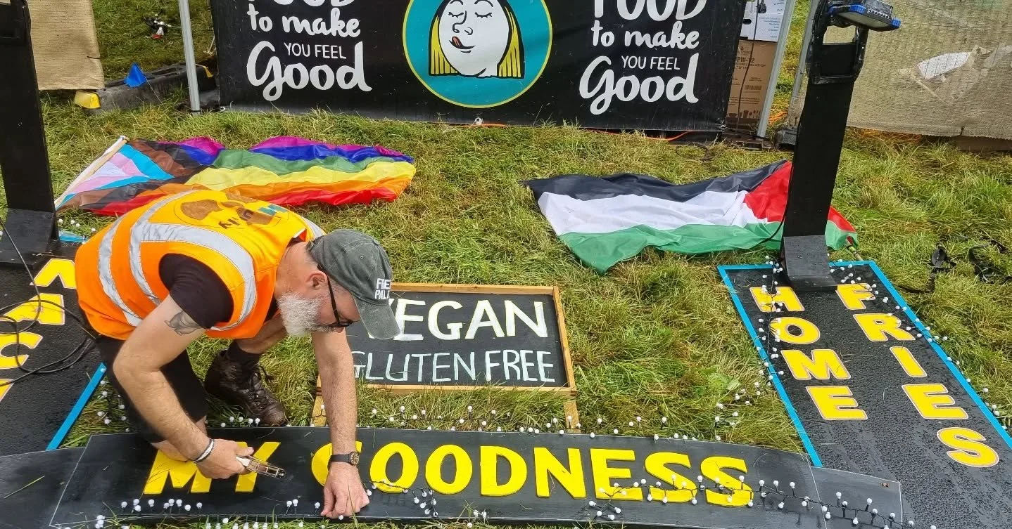 Getting the set up, up! We're in The Wellfields by the Belonging Bandstand.  Open today from 3:30. Get yer asses on over! Follow the Pride flags.  Big ups to @quaycoopcork for the lend of the flags. @alltogethernow.ie #vegan #glutenfree  #