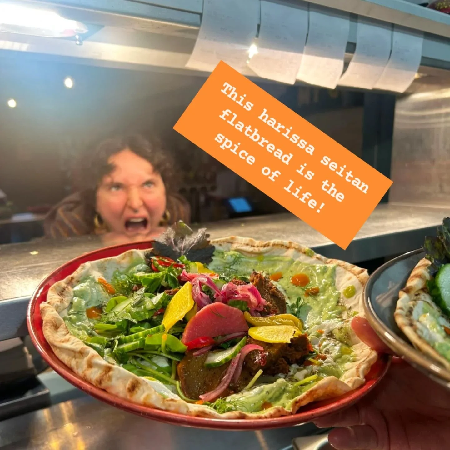 Put some spring in your step with today's special! We got thyme and rosemary seitan, cooked in harissa,  served on flatbread with labneh ( accidental soy youghurt fail turned into magic) wild garlic, minty cucumber salad, sumac onion pickle, fermente