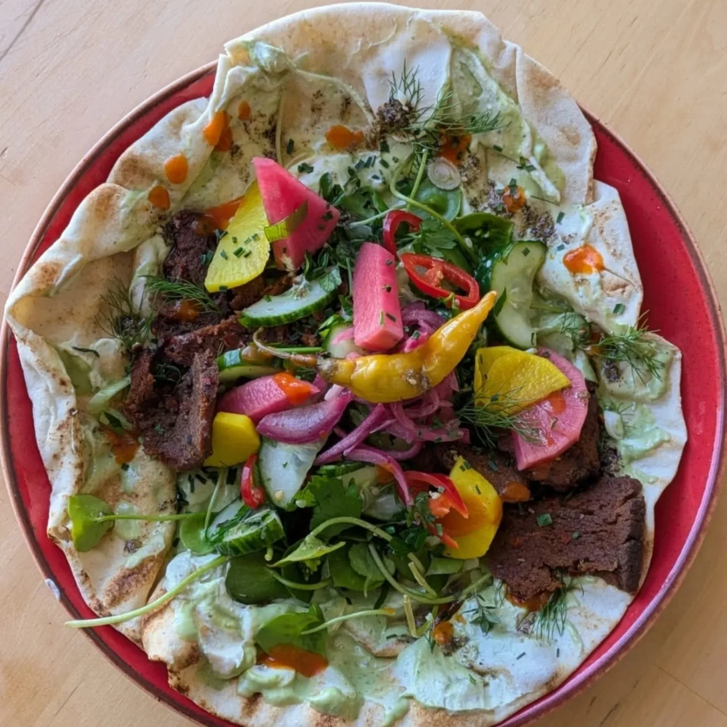 Incase you missed this seitan special yesterday,  we're bringing it back for brunch! We're making more flatbread rn, and we're adding potatoes! Hell yeah. Brunch at MG til 4!