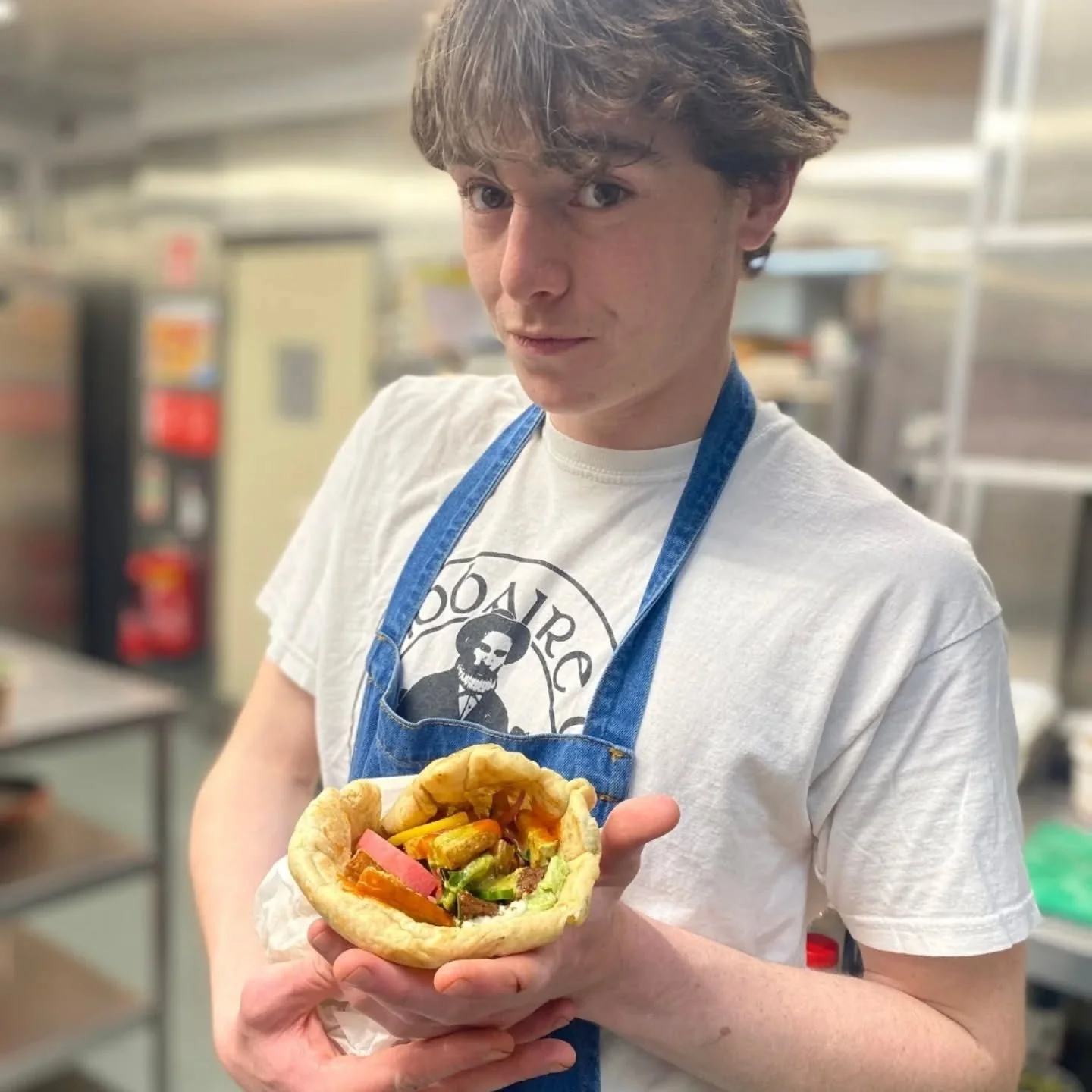 I asked Se&aacute;n to hold this flatbread special like a baby.  He aced it. This wild garlic flatbread is so freaking good! This rosemary and thyme infused seitan is so good! The fermented hot sauce, labneh,  minty cucumber salad, pickles....this is