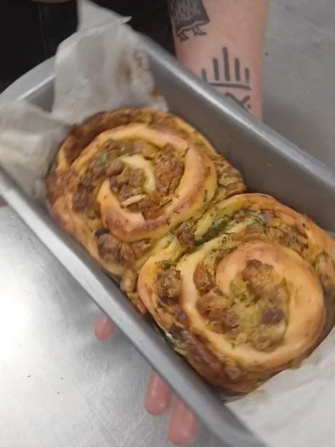 I made way too much brioche! So I made the cinni bunz as usual. We make our own butter, to make our own brioche,  that we then make that into baps for brunch, and cinnamon buns. But today,  I made some savoury cinni bun cousins. We shoved in a bunch 