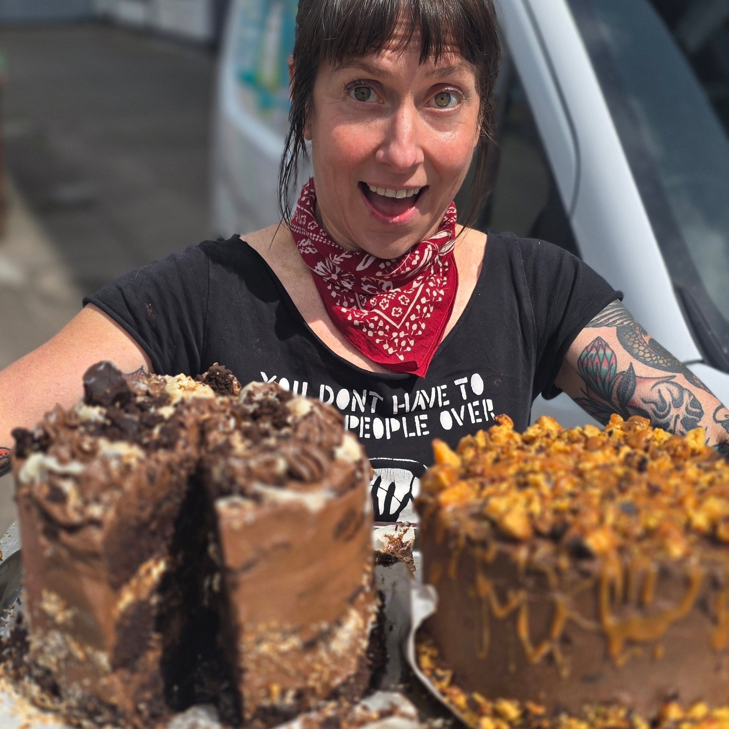 We have a couple of whopper gluten free cakes coming at ya today. A triple decker toasted coconut caramel walnut brownie cake,  and a triple decker miso caramel corn crackle. Gluten free vegan baking is hard! But we believe that  even if  you can't d