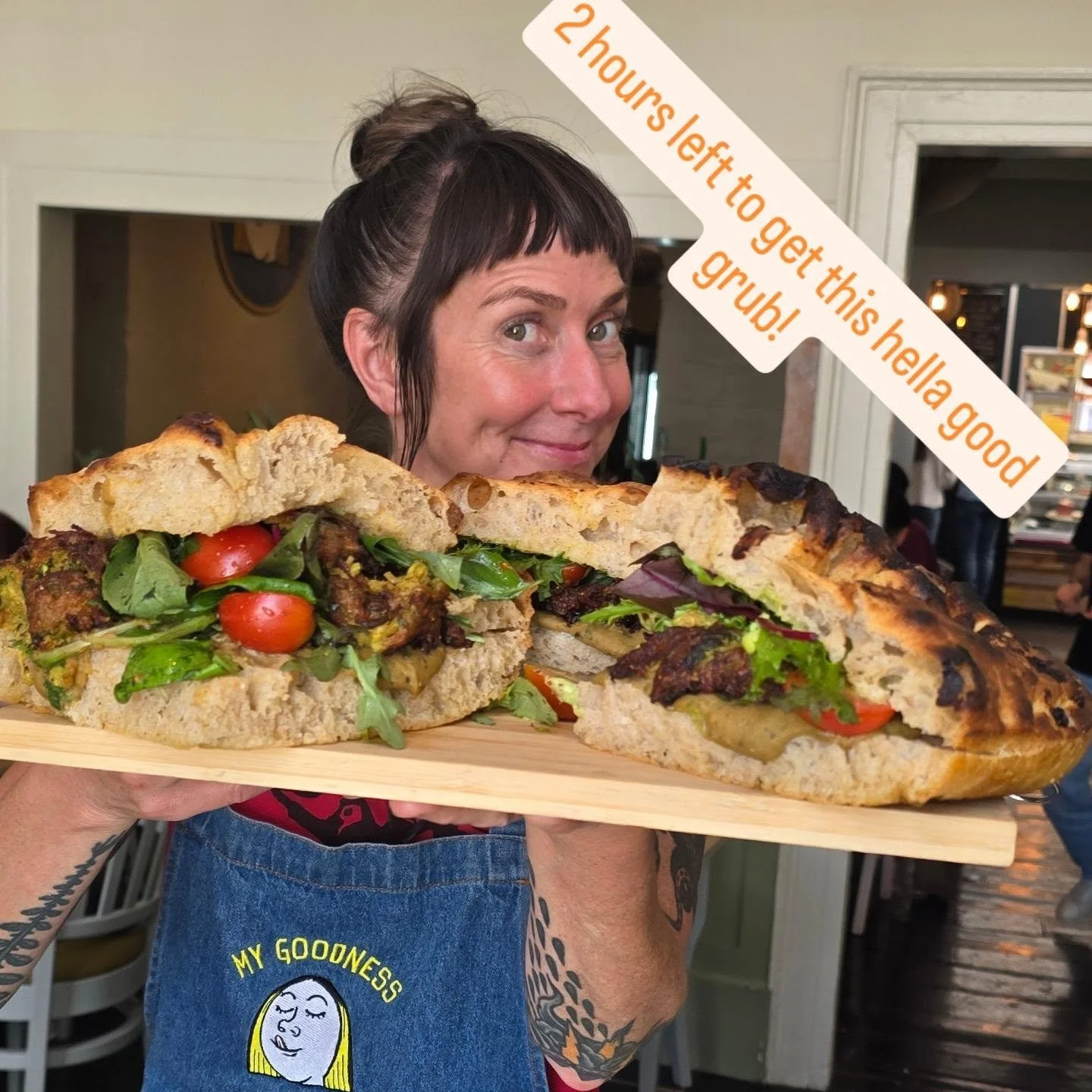 Sean taught me how to make foccacia!! Today's special is a big ass foccacia sandwich with courgette fritters, white bean and basil puree, and local tomato basil salad. Wrap it up and take it to the picnic @corkcommunitypride !!!