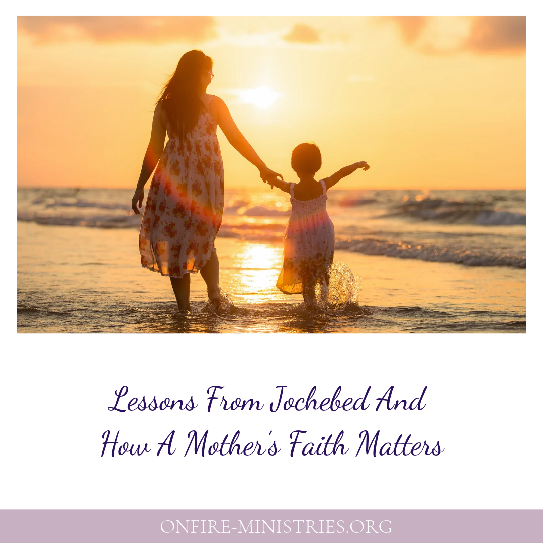 Mother and young daughter walking hand in hand along the beach at sunset, illustrating lessons from Jochebed about a mother’s faith.