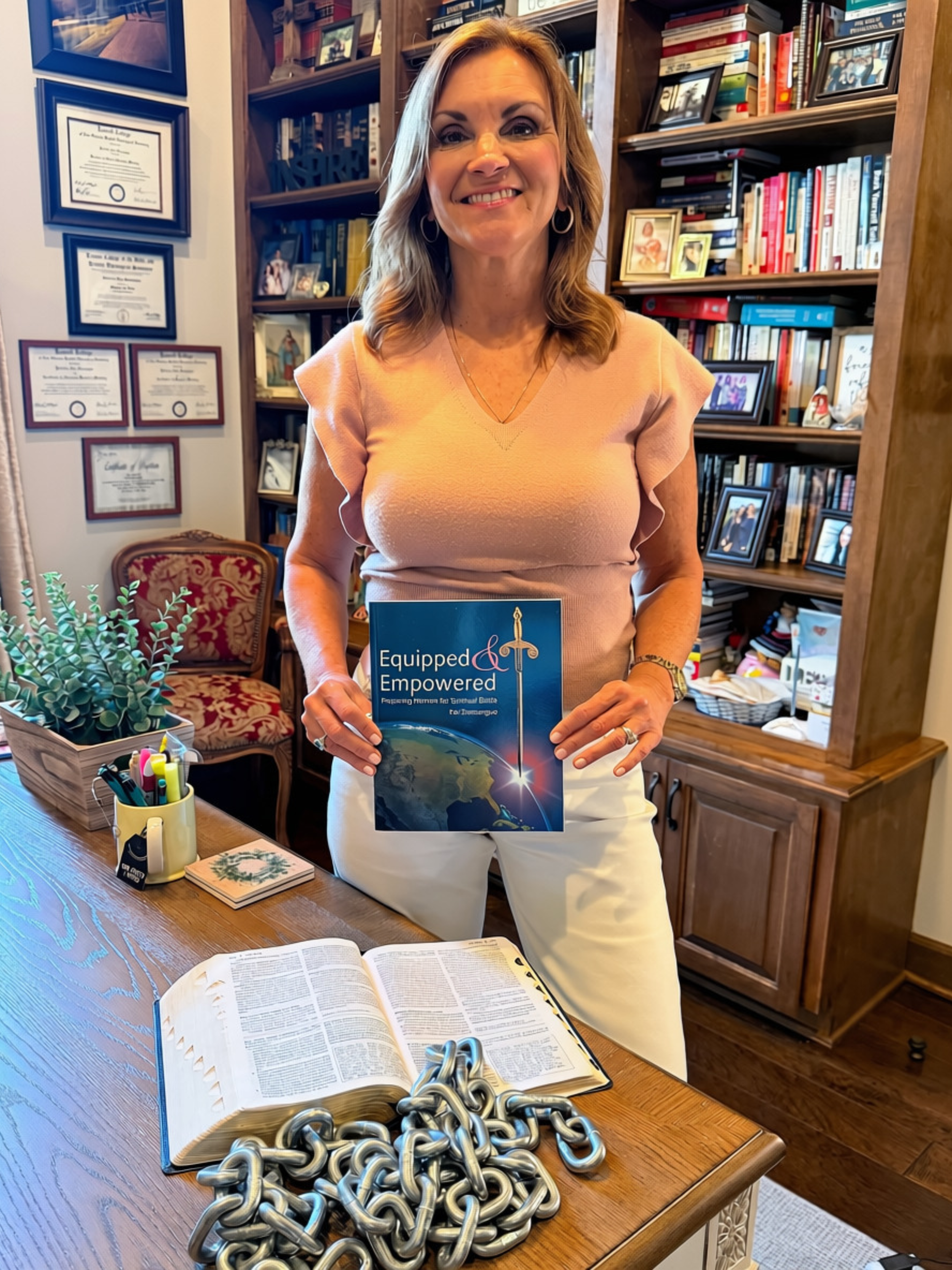 Pat Domangue holding the Equipped and Empowered Bible study workbook beside an open Bible and chain, representing preparation for spiritual battle.