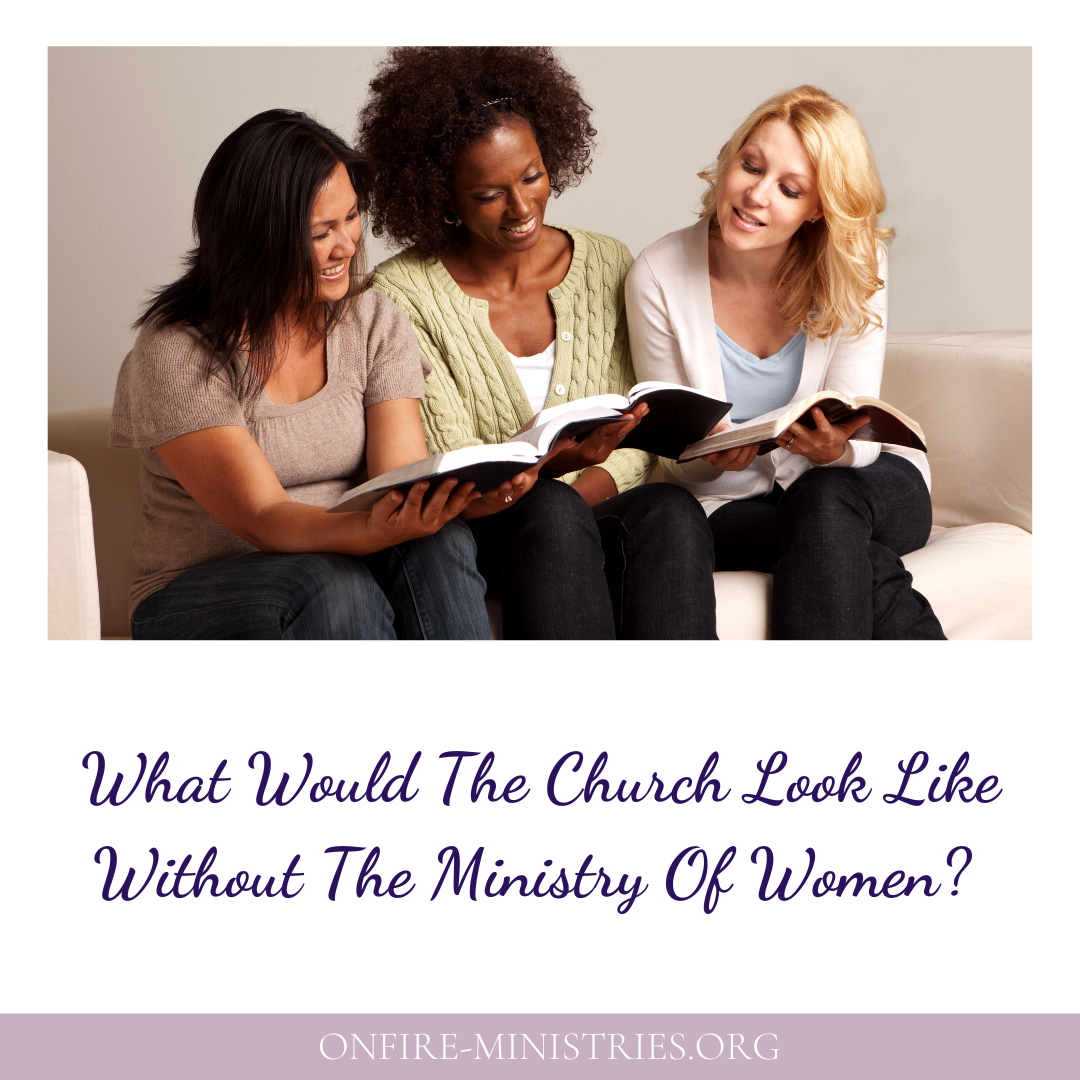 Christian women studying the Bible together as an example of women in ministry and faithful service in the church.