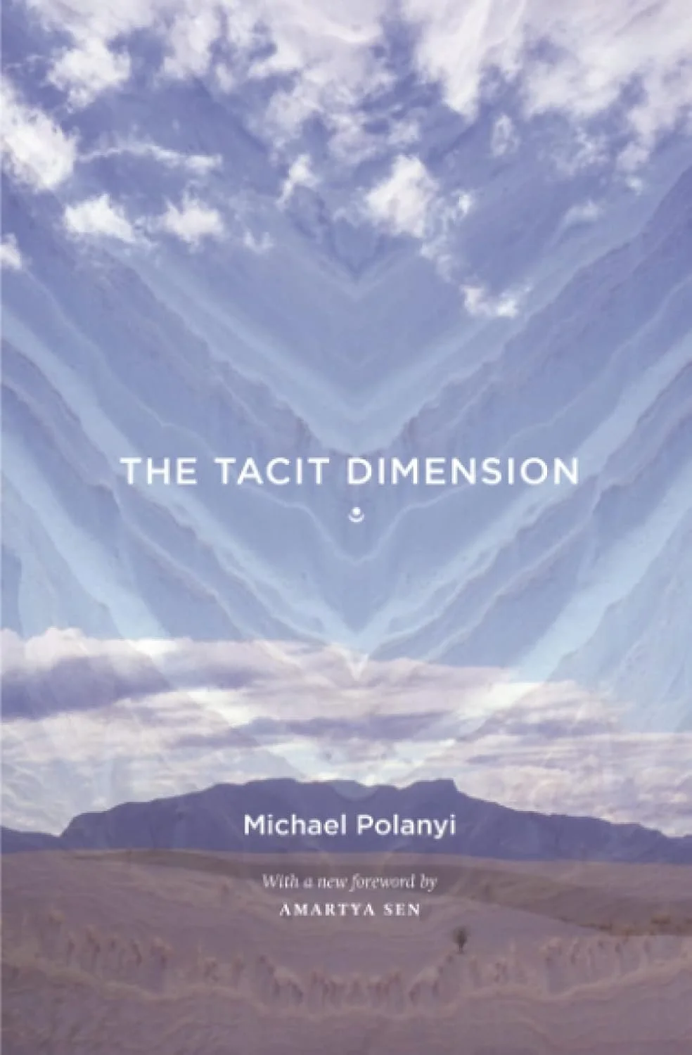 Book cover titled 'The Tacit Dimension' by Michael Polanyi with a mountain landscape and cloudy sky background.