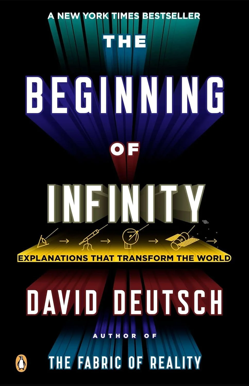 Book cover titled 'The Beginning of Infinity' by David Deutsch, featuring a black background with colorful text and illustrations of scientific instruments.
