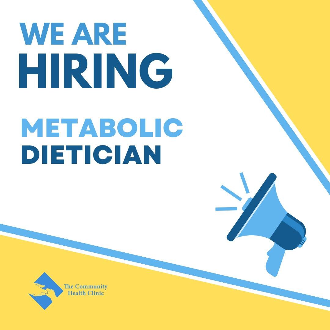 🍎 HIRING! The Community Health Clinic (CHC) is seeking a full-time Metabolic Dietitian to perform a variety of duties related to nutritional therapy for patients. 

Know someone who would be a good fit? Send them to our website for the full job desc