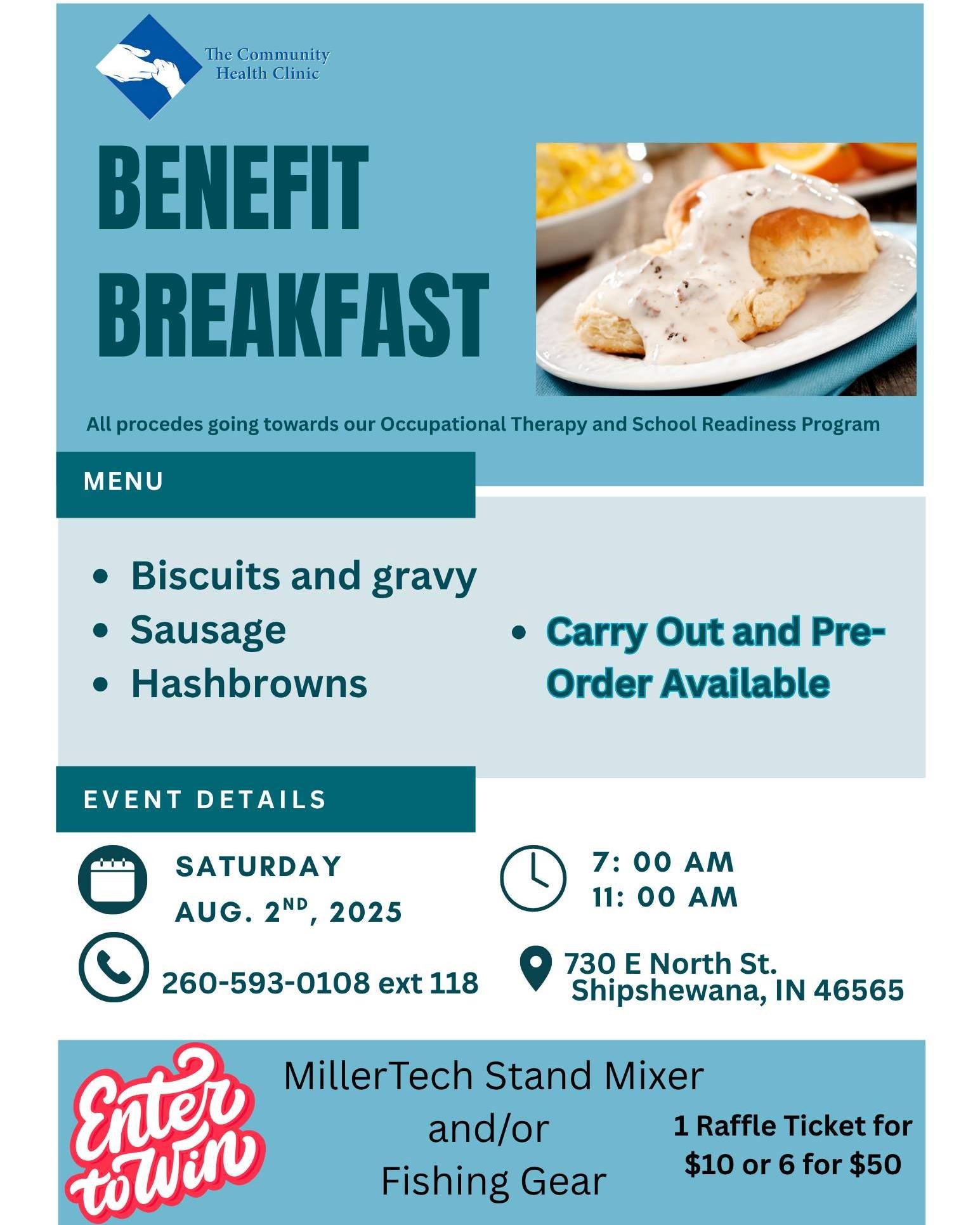 Save the date!! 📆 Occupational Therapy &amp; School Readiness Program Benefit Breakfast 🍳

August 2, 2025, 7-11 AM
@ Community Health Clinic, 730 E. North St., Shipshewana, Indiana