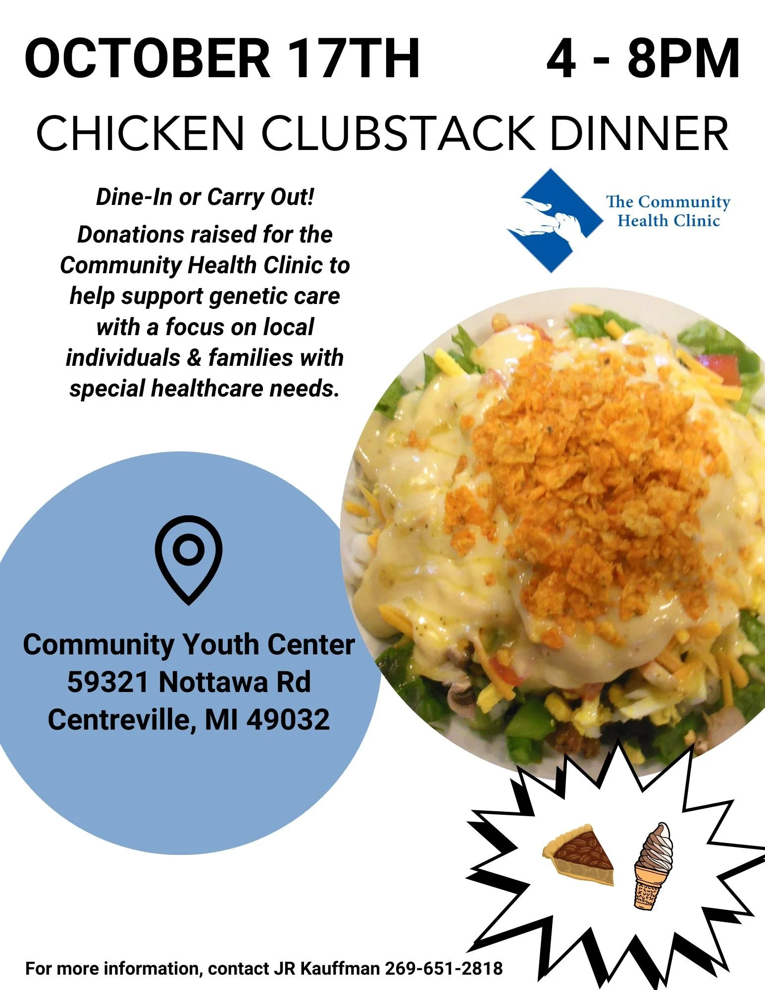 Join us for a Chicken Clubstack Dinner!

📅 Thursday, October 17
⏰ 4:00 &ndash; 8:00 PM
📍 Community Youth Center
59321 Nottawa Rd, Centreville, MI 49032

Come out and enjoy a delicious Chicken Clubstack Dinner while supporting the Community Health C