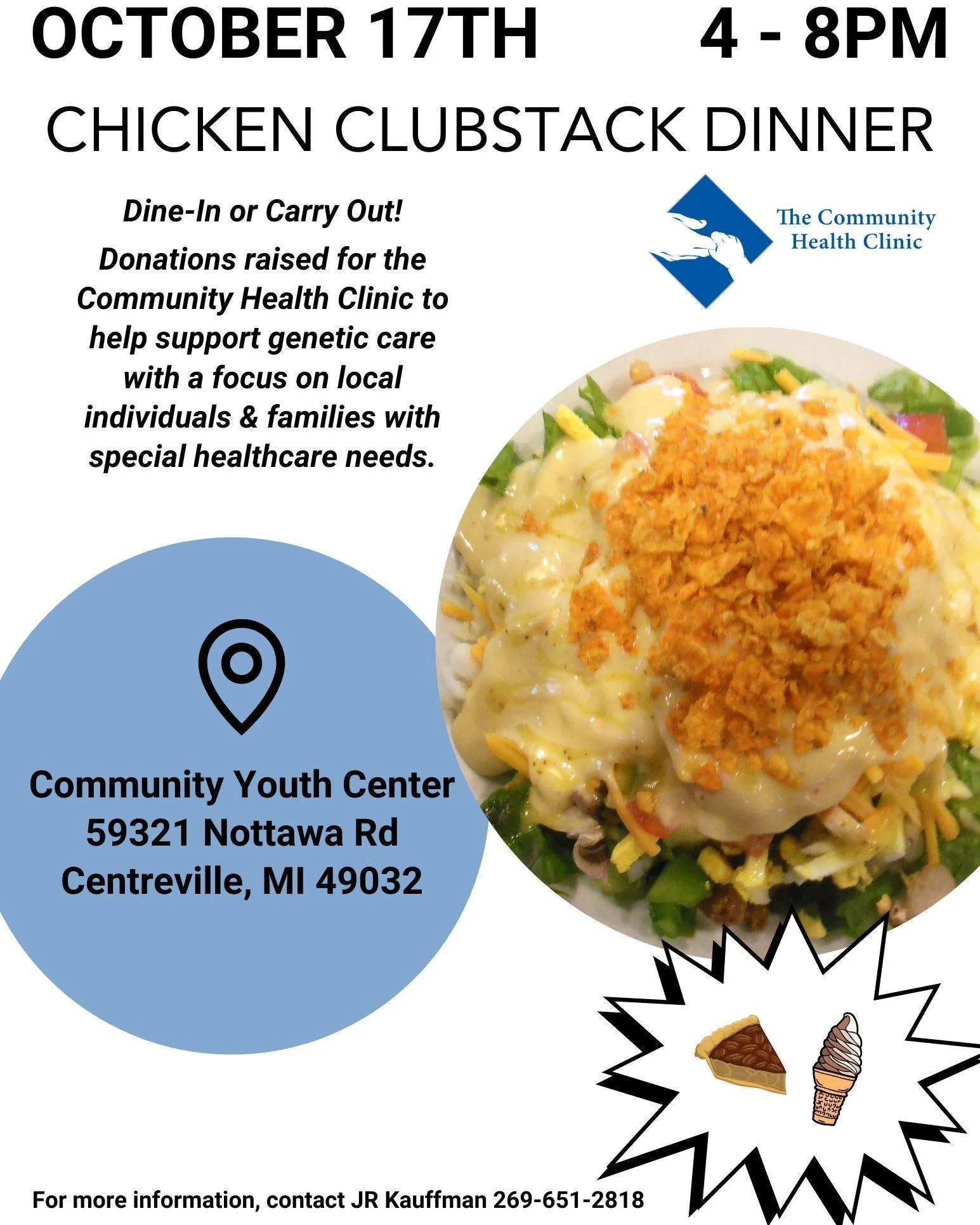 🔹 Just 1 week away! 🔹

Join us for the MI Chicken Clubstack Dinner in support of the Community Health Clinic. Proceeds will help provide genetic care for local individuals and families with special healthcare needs.

📅 October 17
🕓 4&ndash;8 PM
?