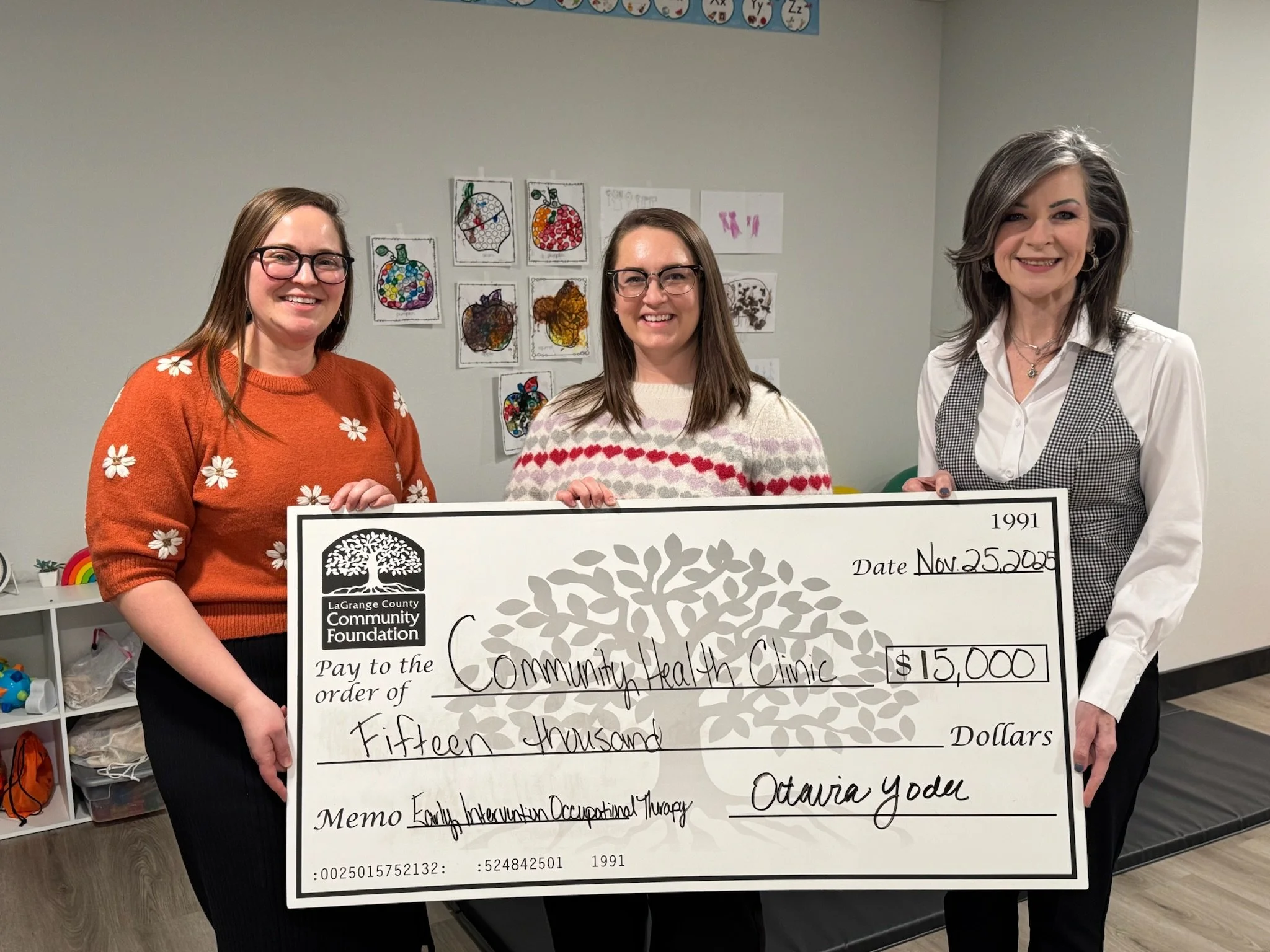 The Community Health Clinic has received a $15,000 grant from the LaGrange County Community Foundation to support the CHC's Occupational Therapy and Early Intervention Program.

Deborah Jurgielewicz, Director of Program Management and Grant Administr