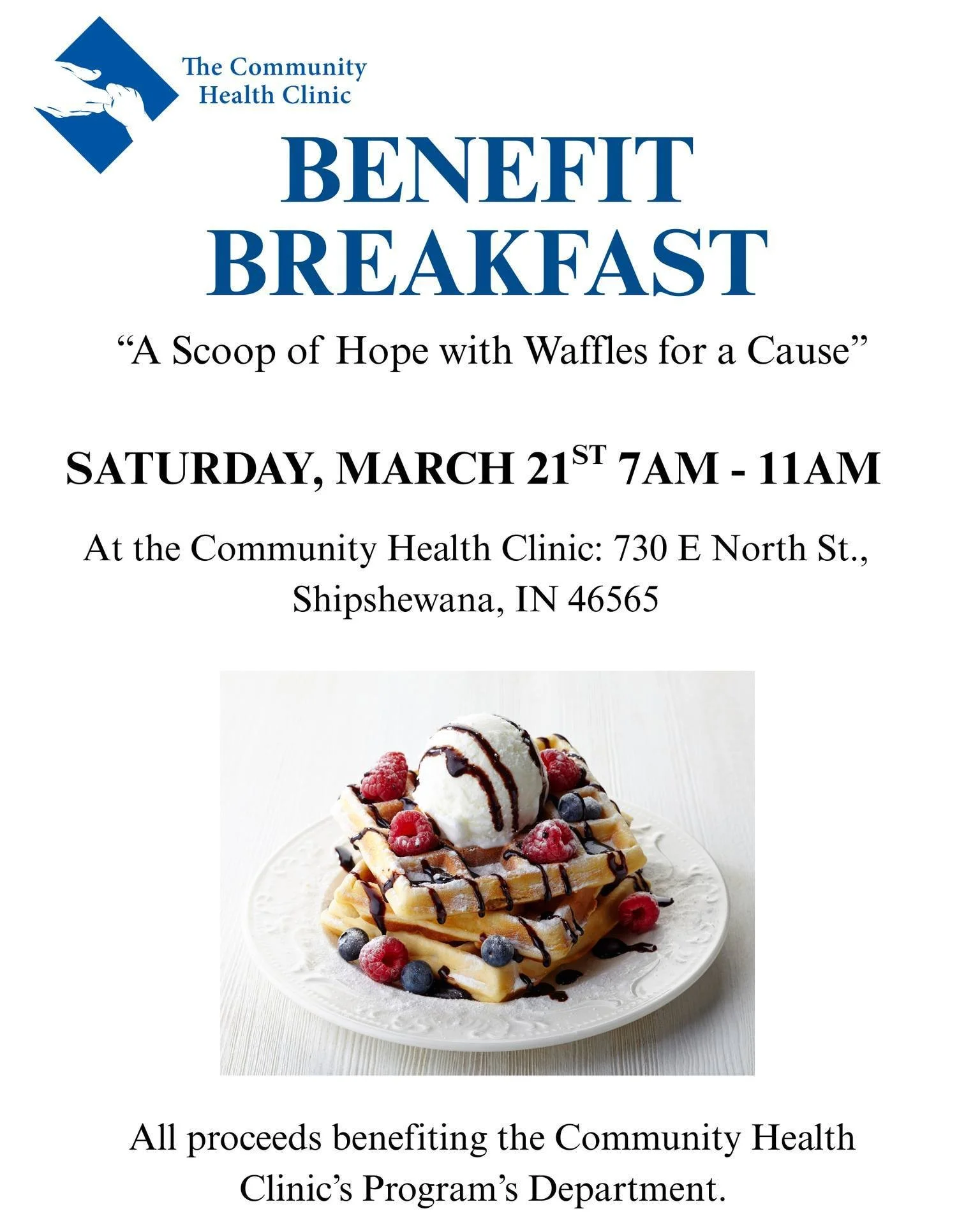 Join us for a morning of waffles, fellowship, and purpose. 🫶

Our Program Benefit Breakfast is happening on Saturday, March 21st from 7&ndash;11AM at the Community Health Clinic in Shipshewana.

Enjoy a delicious breakfast while supporting the progr