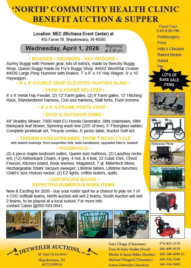🌟 It&rsquo;s Auction Day! 🌟

Join us this evening at the Michiana Event Center (MEC) in Shipshewana for our first auction of the year. This special evening brings our community together to enjoy a meal prepared by local volunteers and take part in 
