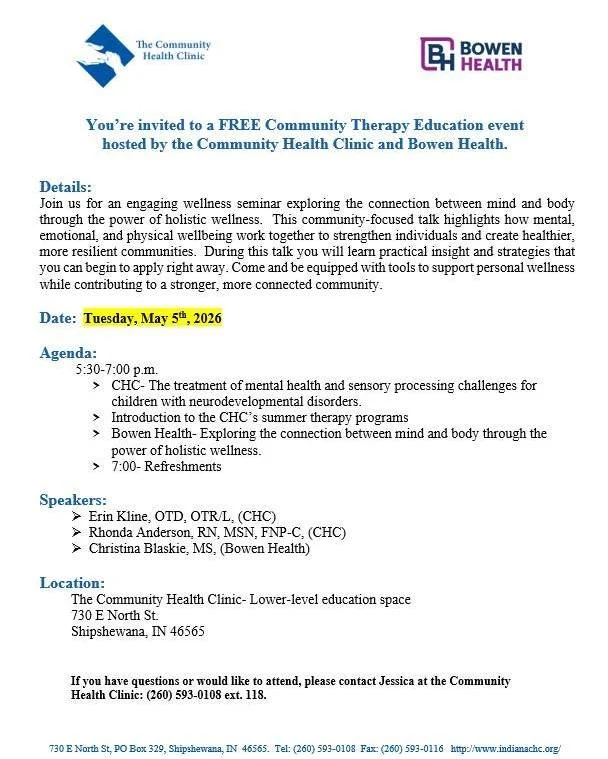 You&rsquo;re invited to a free Community Therapy Education event hosted by the Community Health Clinic and Bowen Health. 🤝💙

Join us for an evening of learning and connection as we explore how mental, emotional, and physical wellbeing work together
