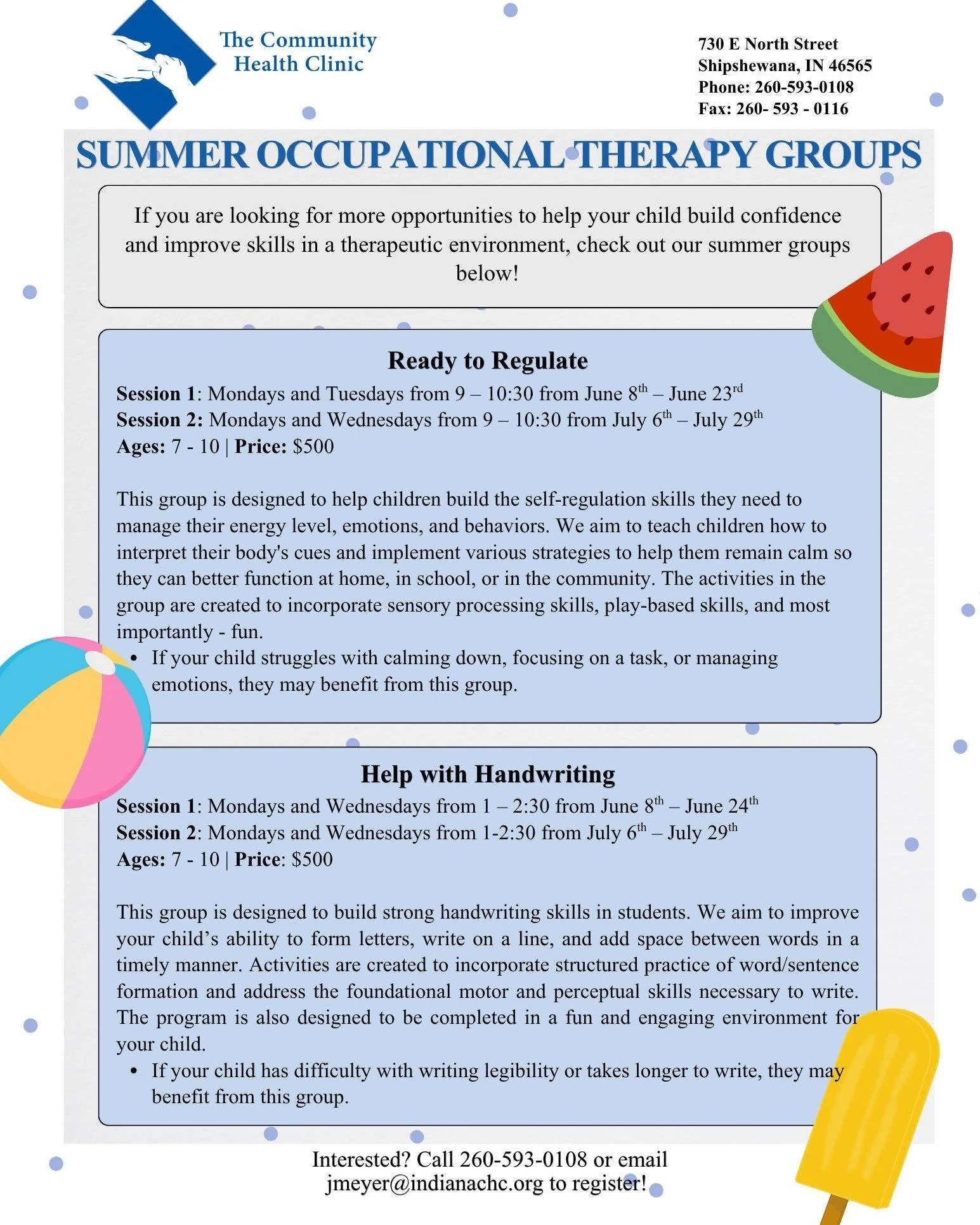 ☀️ Build Skills. Boost Confidence. Have Fun This Summer! 🏖️✏️

The Community Health Clinic is offering Summer Occupational Therapy Groups designed to help children strengthen important everyday skills in a supportive, engaging environment.

🌊 Ready