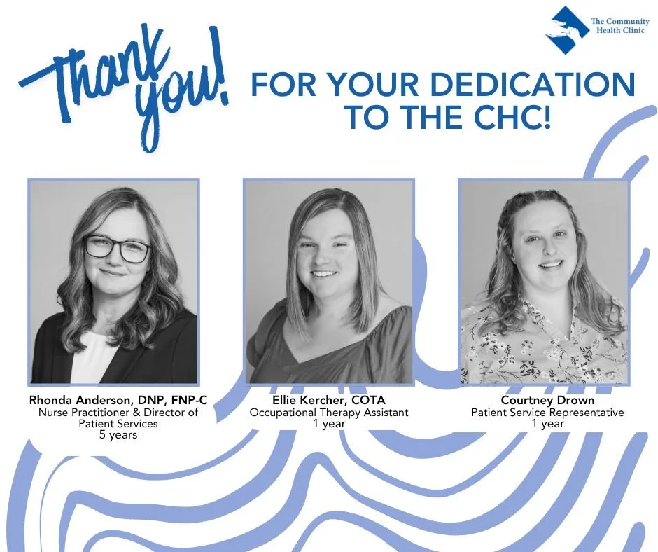 This quarter, we are recognizing several meaningful work anniversaries at the Community Health Clinic! 🎉💙

Rhonda Anderson, DNP, FNP-C &ndash; 5 years
Ellie Kercher, COTA &ndash; 1 year
Courtney Drown &ndash; 1 year

Thank you for the care, dedicat