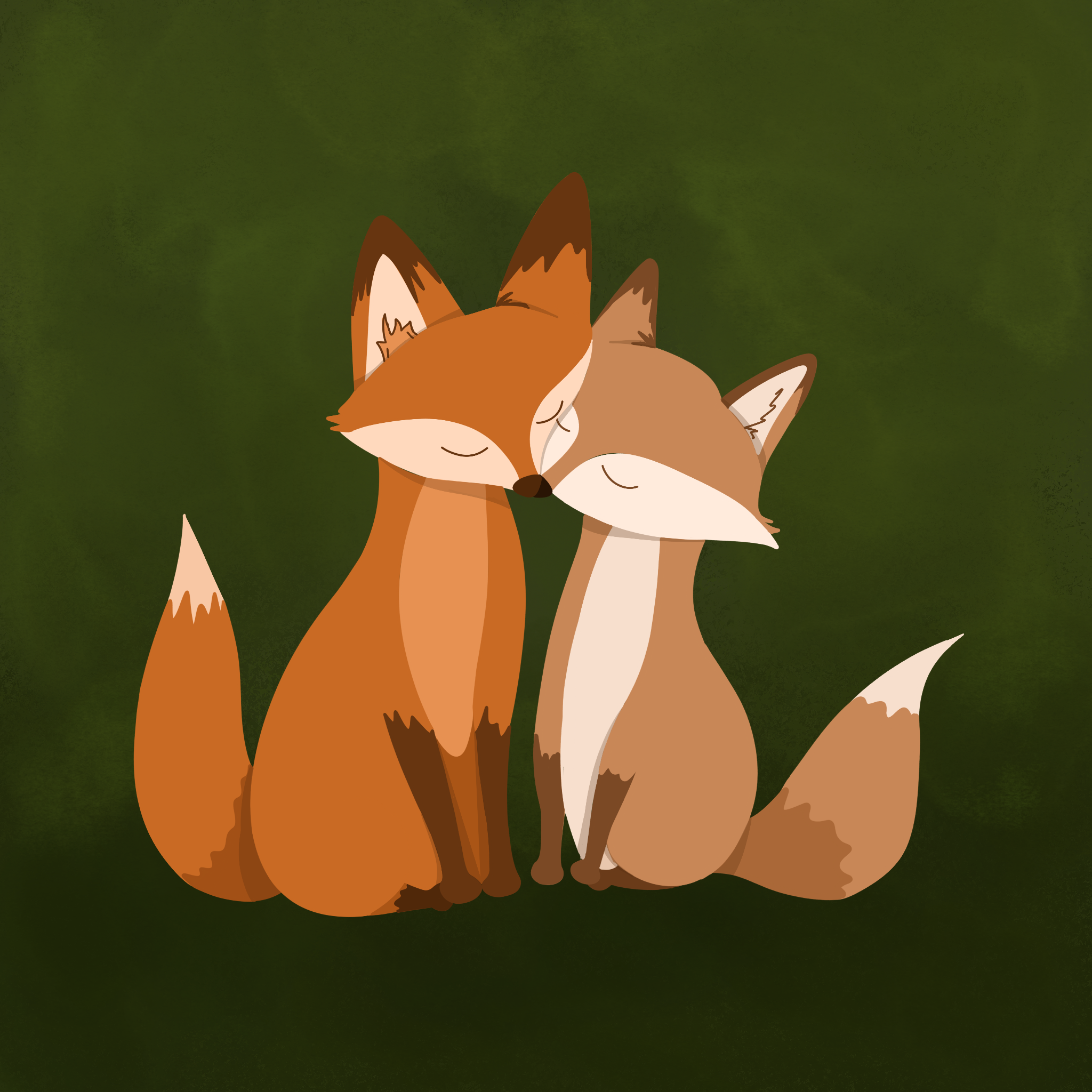 Cartoon illustration of two foxes, one with an orange coat and the other with a grayish coat, sitting against a green background.