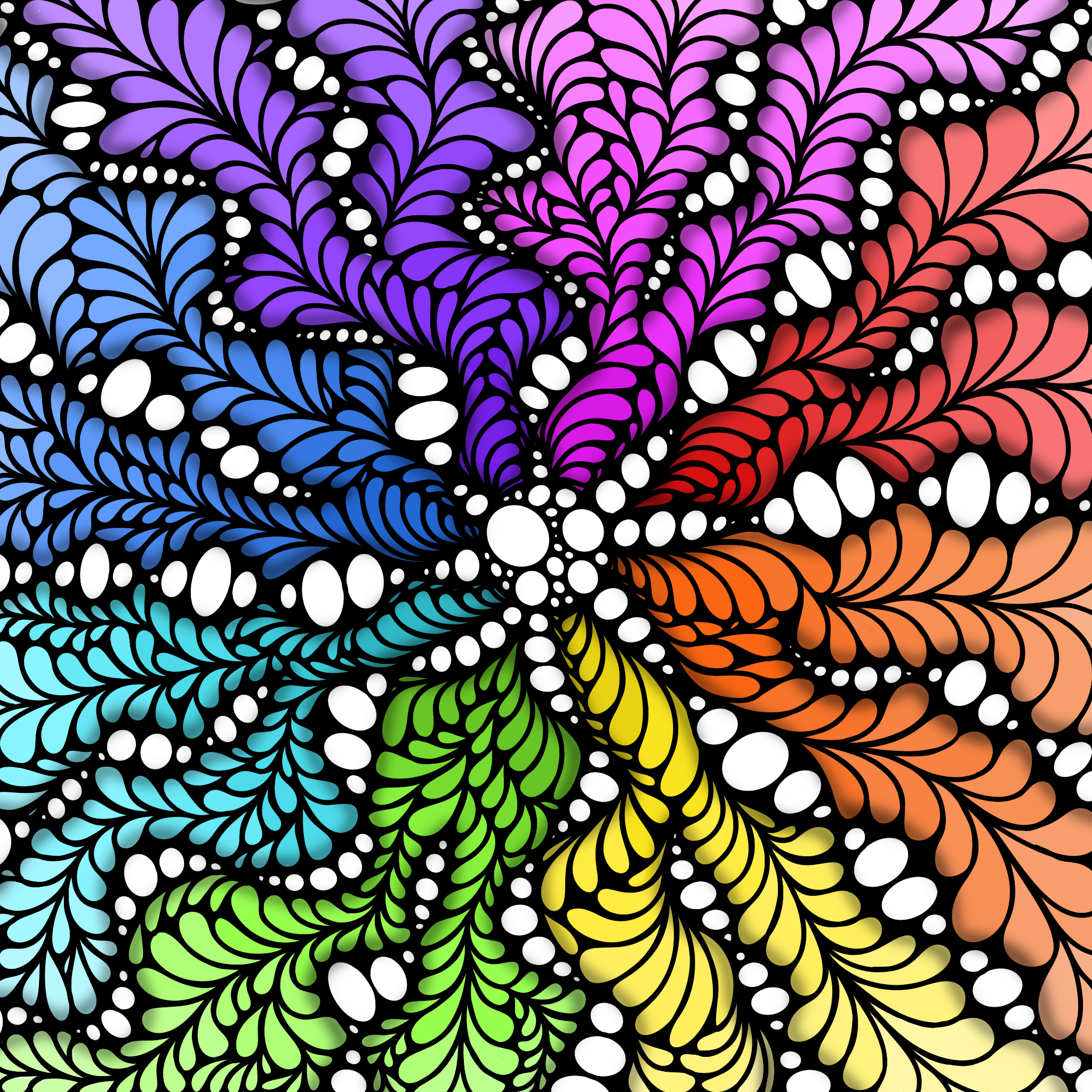 Colorful abstract pattern with leaf-like shapes in rainbow hues on a black background, accented by white dots.
