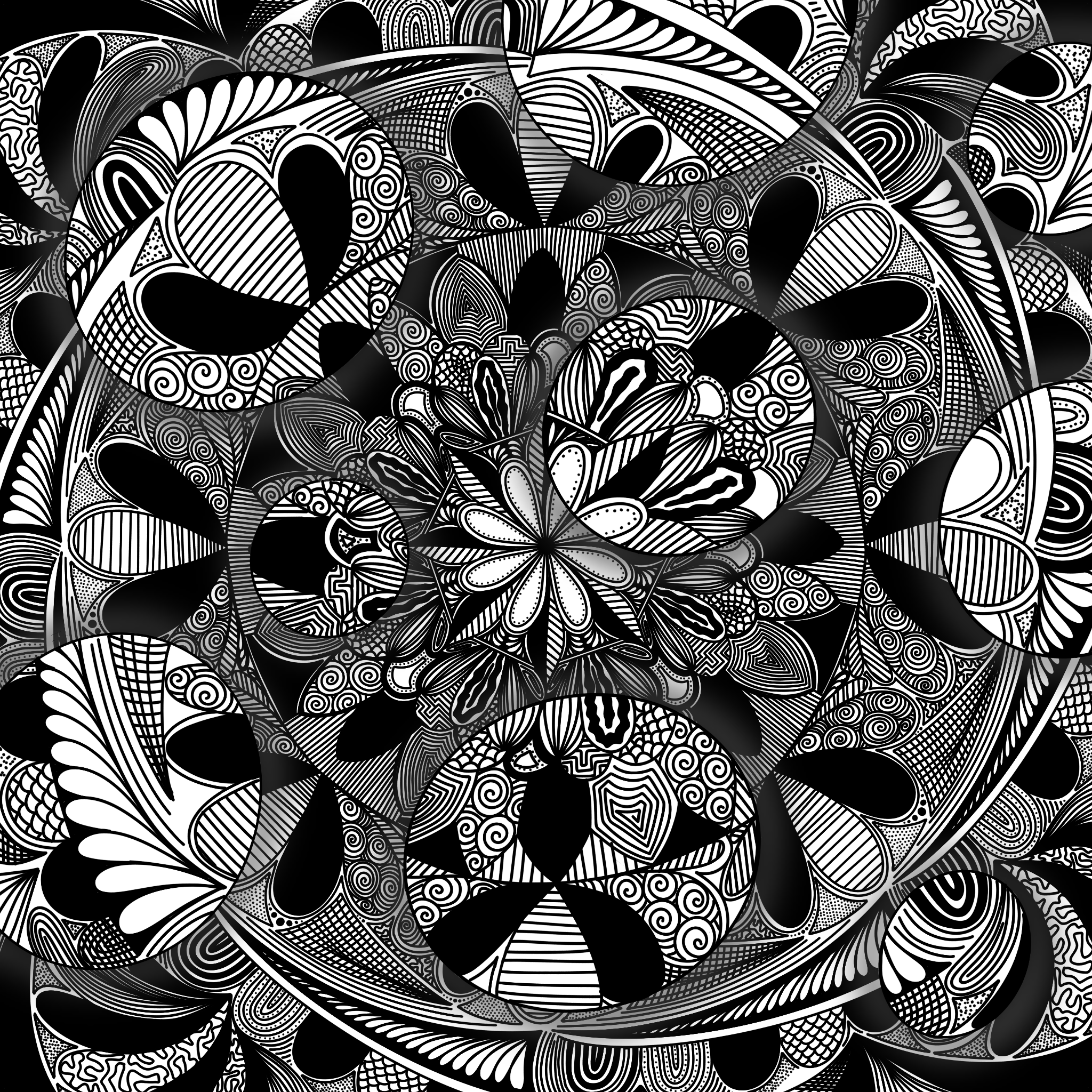 Black and white abstract doodle pattern with various geometric and organic shapes, lines, and swirls.