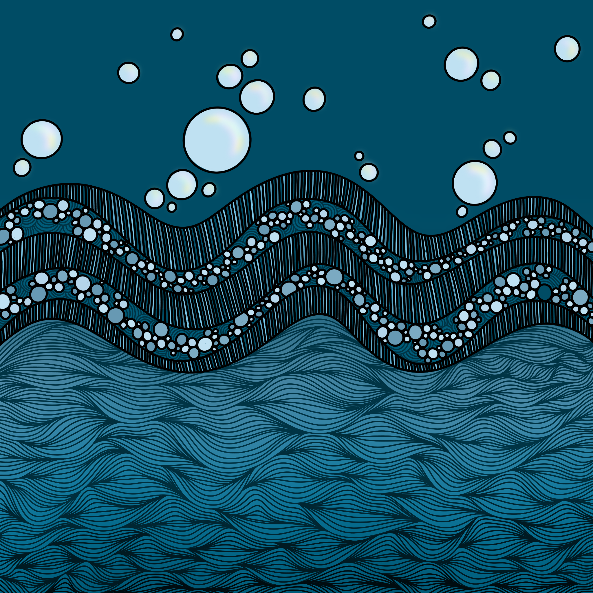 Close-up of a blue background with white bubbles and black wavy lines at the bottom, resembling an underwater scene.