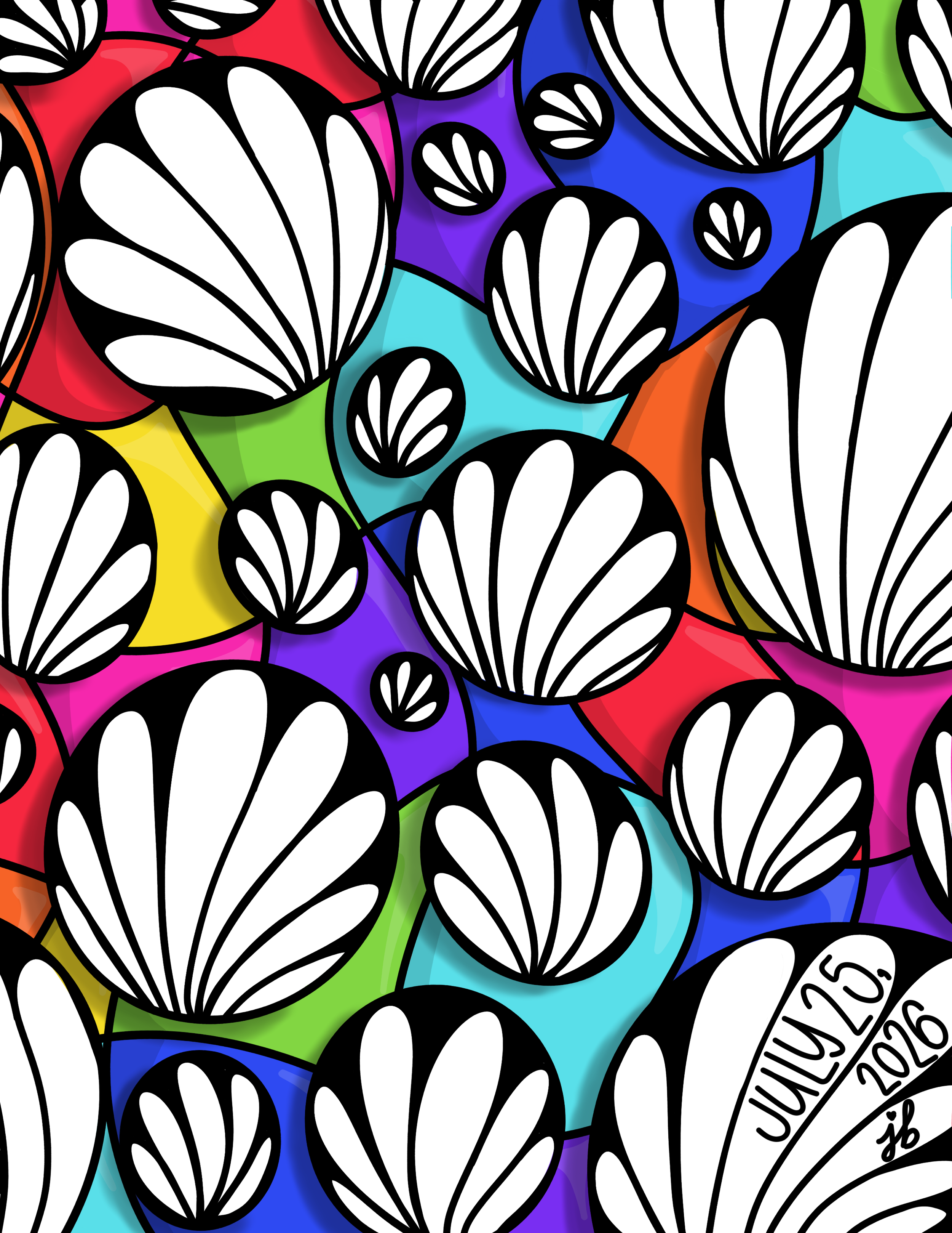 Colorful abstract pattern with black and white butterfly wing shapes overlaid on vibrant patches of color including pink, purple, blue, green, yellow, and orange.