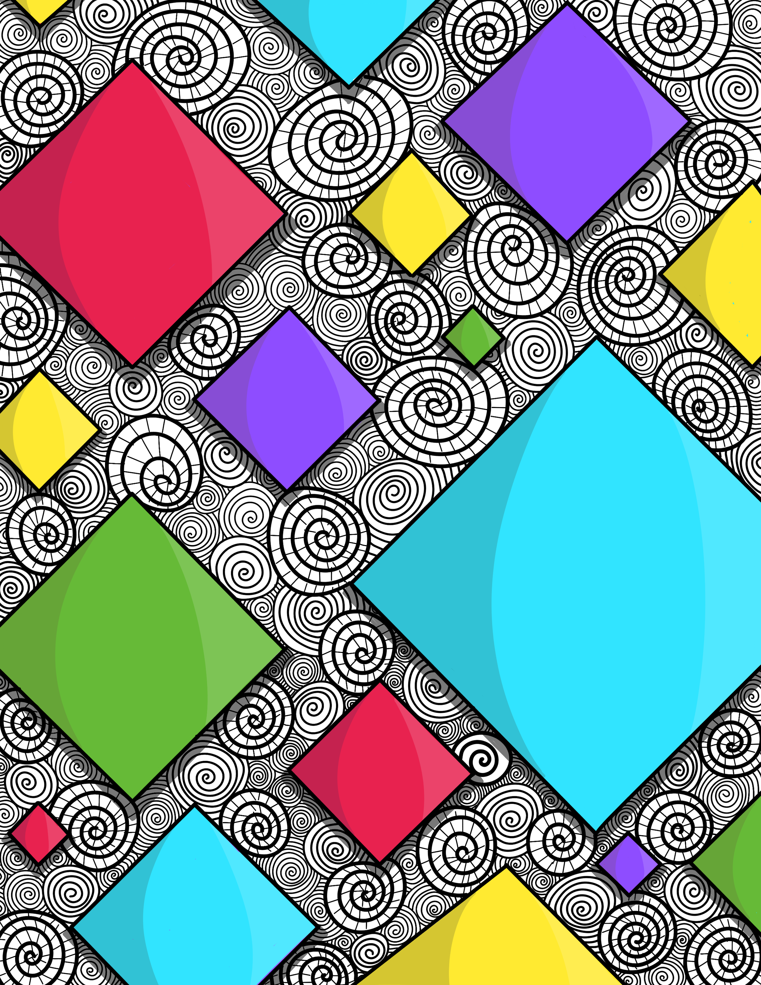 Colorful geometric pattern with black and white spiral backgrounds and large brightly colored squares in pink, purple, blue, green, and yellow.