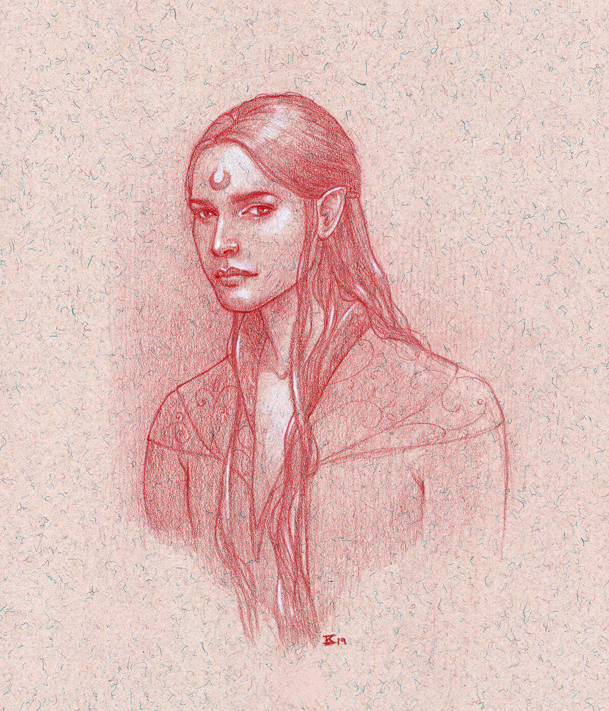 Fae, watercolor pencil on toned paper. 